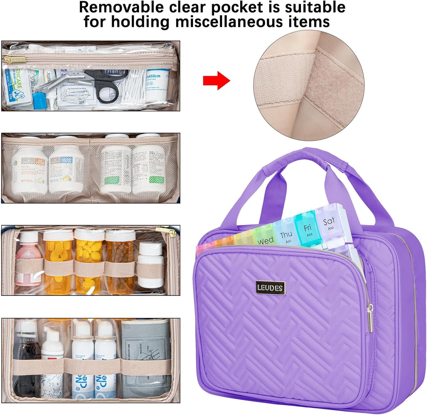 Leudes Travel Pill Bottle Organizer,Medicine Organizer and Storage,Home Medication Bag, Cases,Carrier for Pills,Vitamin,Fish Oil,Supplements for Women and Men (Large, Purple)