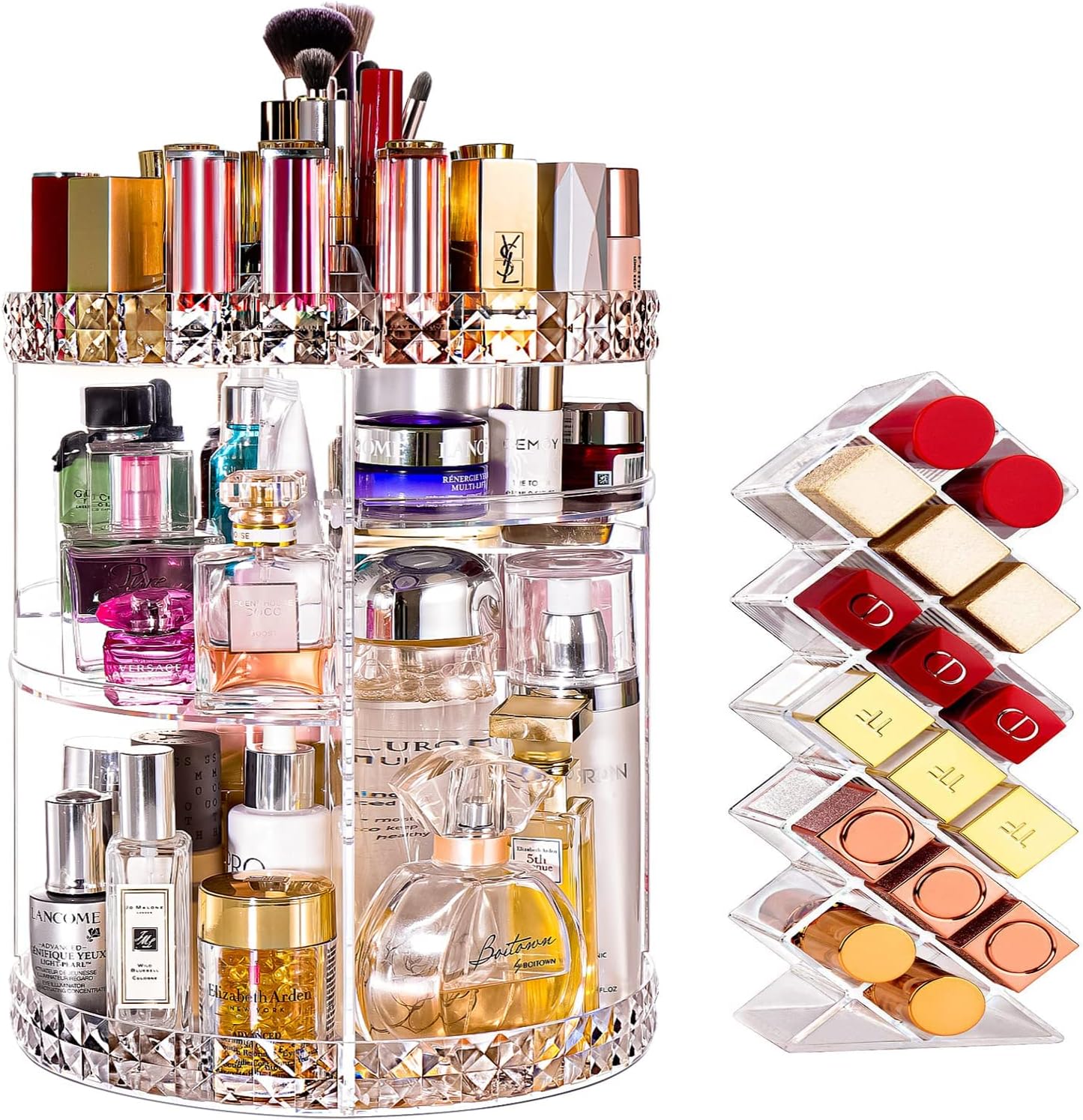 V-HANVER Makeup Organizer Combo - 360° Rotating Makeup Organizer with 7 Adjustable Layers Acrylic Skincare Organizer Large Cosmetic Display Case Clear Perfume Organizer with Makeup Lipstick Holder