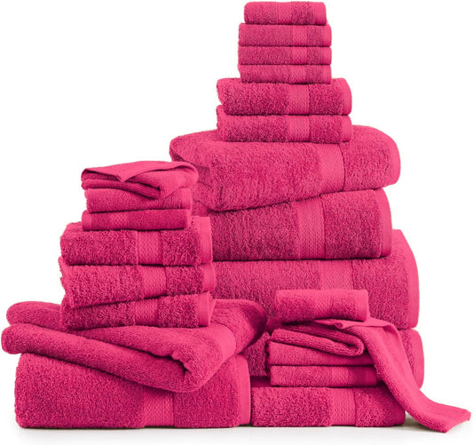 LANE LINEN 100% Cotton Bathroom Towel Set - 24 Pcs - Ring Spun, Super Soft & Highly Absorbent - 2 Bath Sheets, 4 Fingertip, 4 Bath, 6 Hand Towels, 8 Washcloths - Wide Variety of Colours - Fuchsia