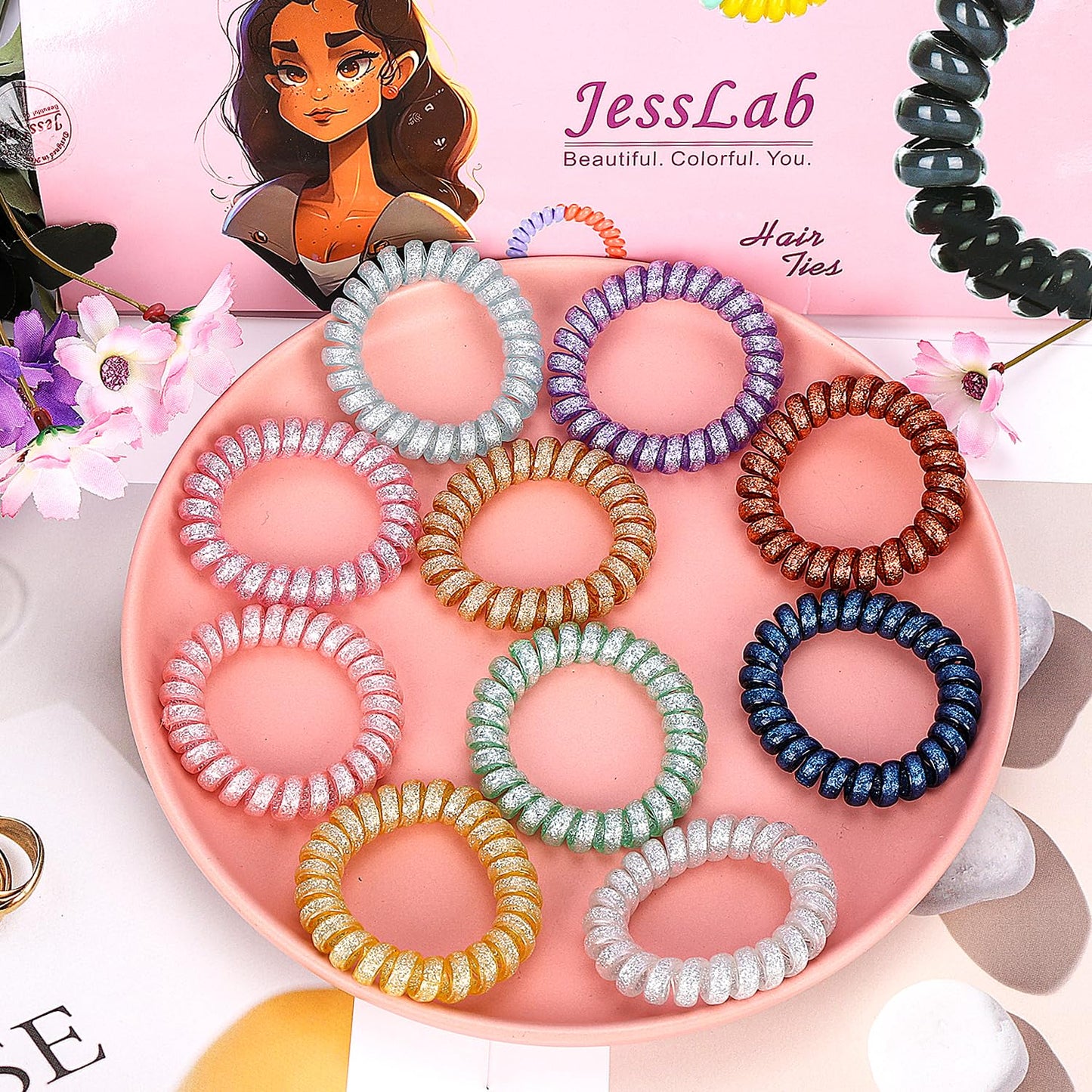 JessLab Spiral Hair Ties for Women, 10-Pack Traceless No-Damage Ponytail Holders, Coils Hair Bands for Girls, Assorted Colors