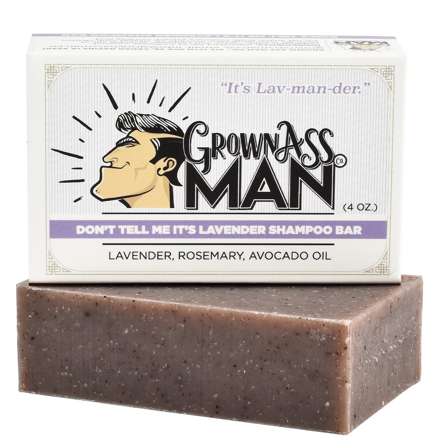 Grown Ass Man Co. - Solid Shampoo Bar Rich Lather 3 in 1: Hair, Beard & Body Wash - Plastic Free & Eco-Friendly, Natural & Organic for All Hair Types, 4oz Bar (Don't Tell Me It's Lavender, Single)