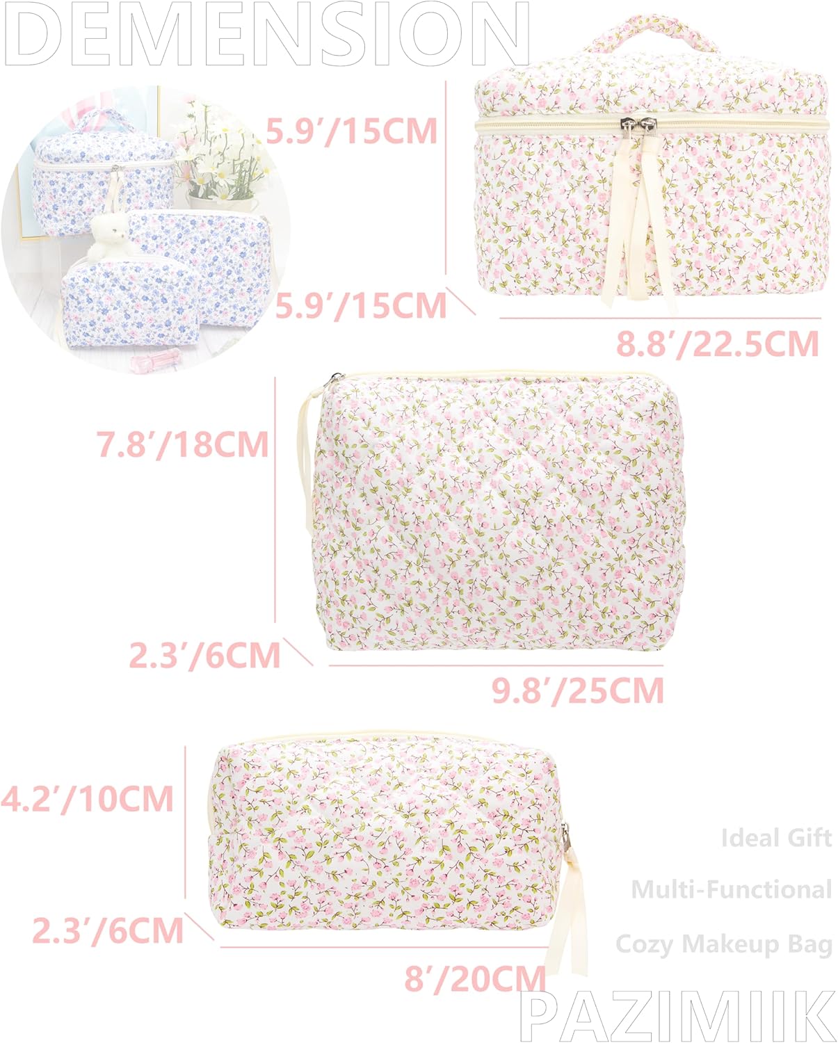 3PCS Makeup Bag SET Large Travel Quilted Zipper Soft Cosmetic Case Pouch for Women Girls Make Up,Floral Pink