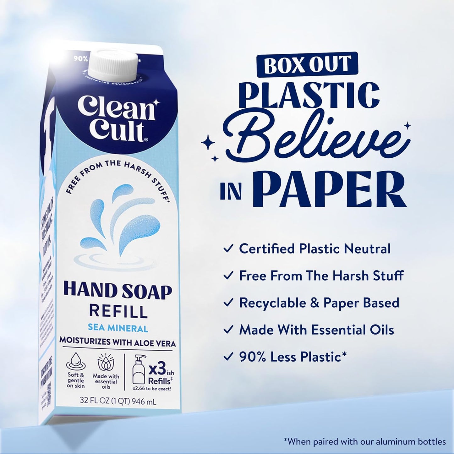 Cleancult - Liquid Hand Soap Refills - Sea Minerals - Gentle On Sensitive Skin - Made with Aloe Vera & Essential Oils - Eco Friendly - Paper-Based Packaging - 32 oz/2 Pack
