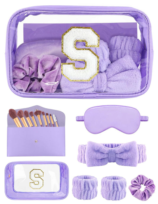 Gift Sets for Women, Initial Makeup Bag with Makeup Brush Set Bachelorette Party Favors, Purple Spa Kit with Skincare Headbands Wrist Bands Sleepover Party Supplies Gifts for Teen Girls Bridesmaid S