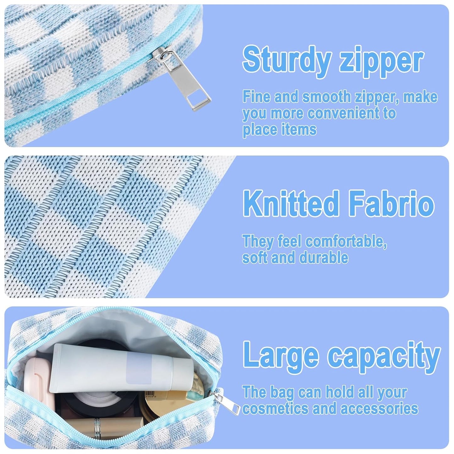 ZLFSRQ 6Pcs Checkered Pencil Case Cute Pencil Pouch for Teens Checkered Makeup Bag Blue Medium Travel Cosmetic Bag Makeup Pouch for Purse Aesthetic Trendy Zipper Toiletry Bags Organizer