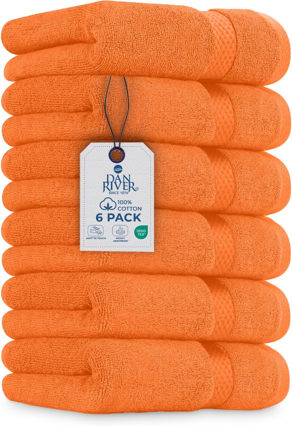 DAN RIVER 6-Pack Premium Hand Towels (16x28 Inches) - 100% Cotton, Ultra Soft, Lightweight, Highly Absorbent Towels for Bathroom, Spa, Gym, Salon, Hotel, and Travel - 550 GSM – Orange