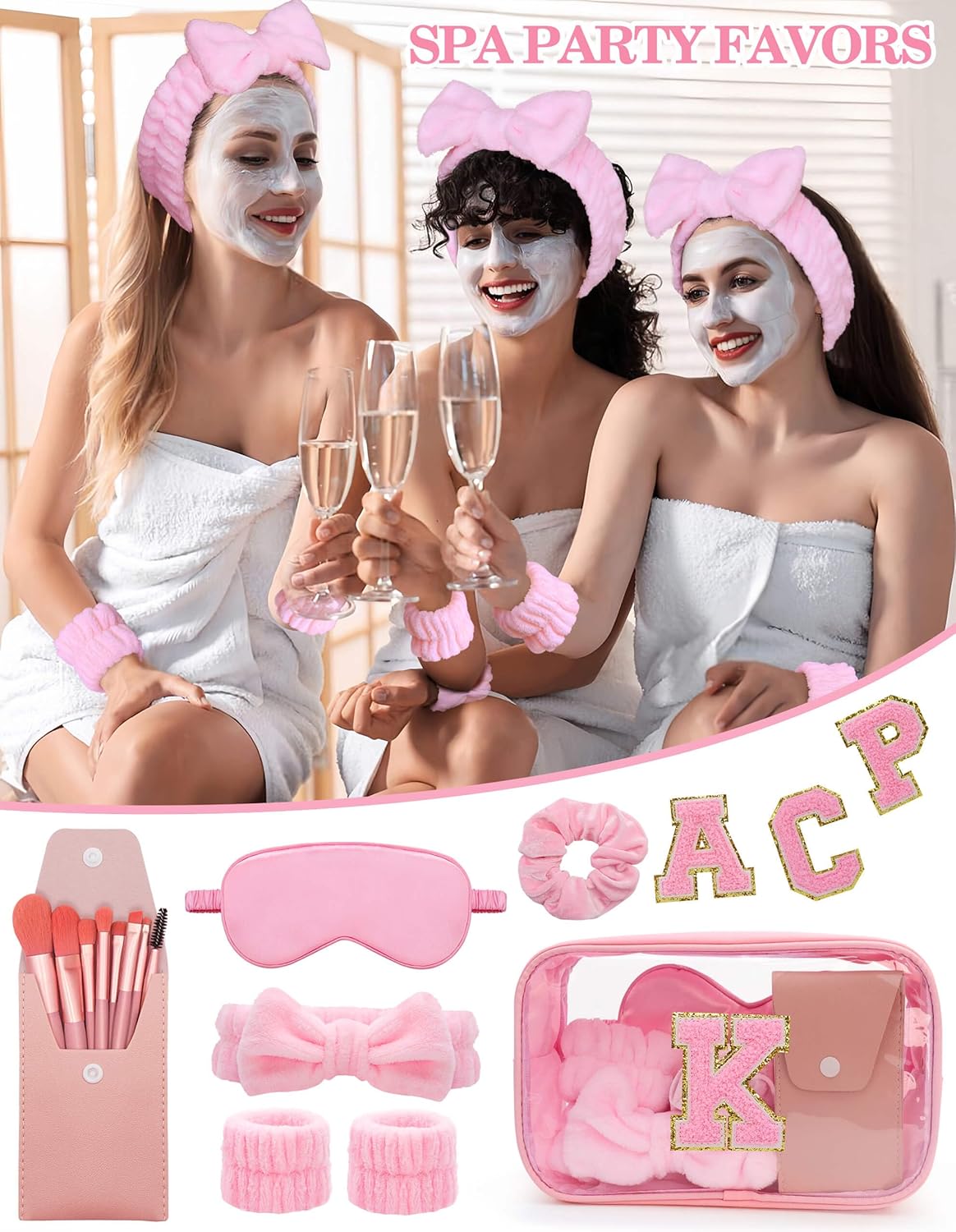 Gift Sets for Women, Initial Makeup Bag with Makeup Brush Set Bachelorette Party Favors, Pink Spa Kit with Skincare Headbands Wrist Bands Sleepover Party Supplies Gifts for Teen Girls Bridesmaid K