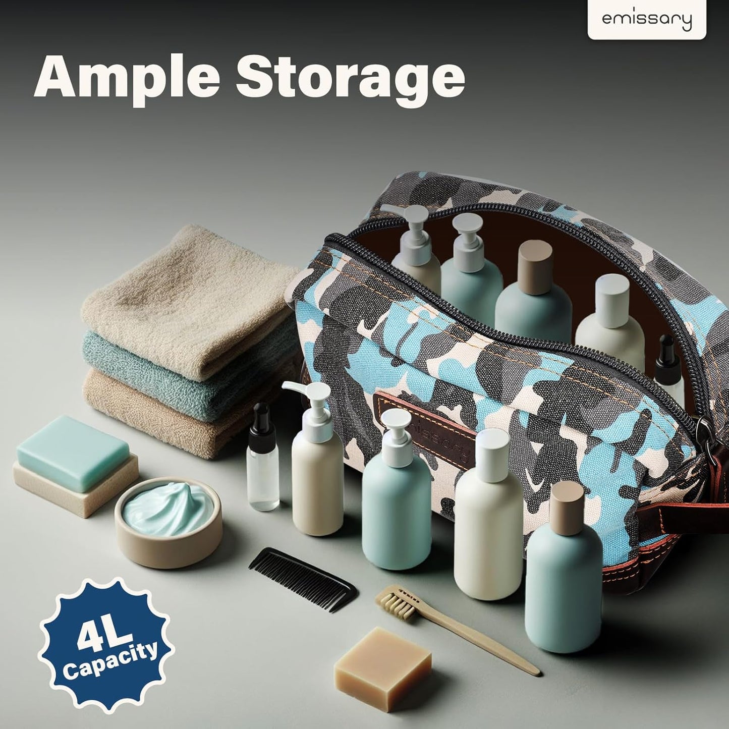 emissary Men's Toiletry Bag, Leather and Canvas Travel Toiletry Bag, Dopp Kit for Men,Bathroom Bag Men's Shaving Kit, Travel Kit Small Bags for Men, Shaving Bag for Travel (Camo-Blue)