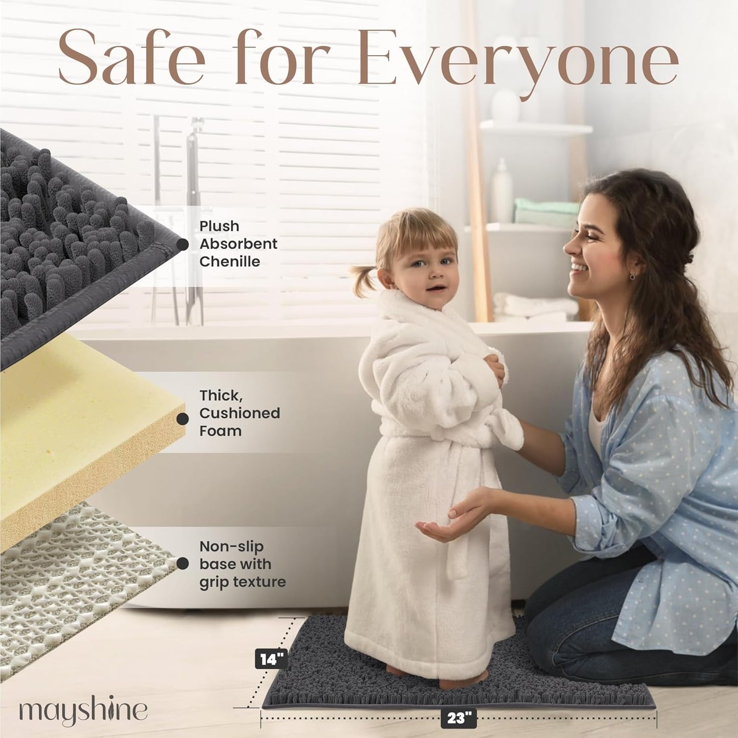 MAYSHINE Plush Shaggy Chenille Bath Mat | Extra Soft, Super Absorbent, Non-Slip Bathroom Rug | Fluffy Microfiber, Area Rug Sets for Bathroom Floor, Kitchen, Living Room | 23"x14" | Charcoal Gray