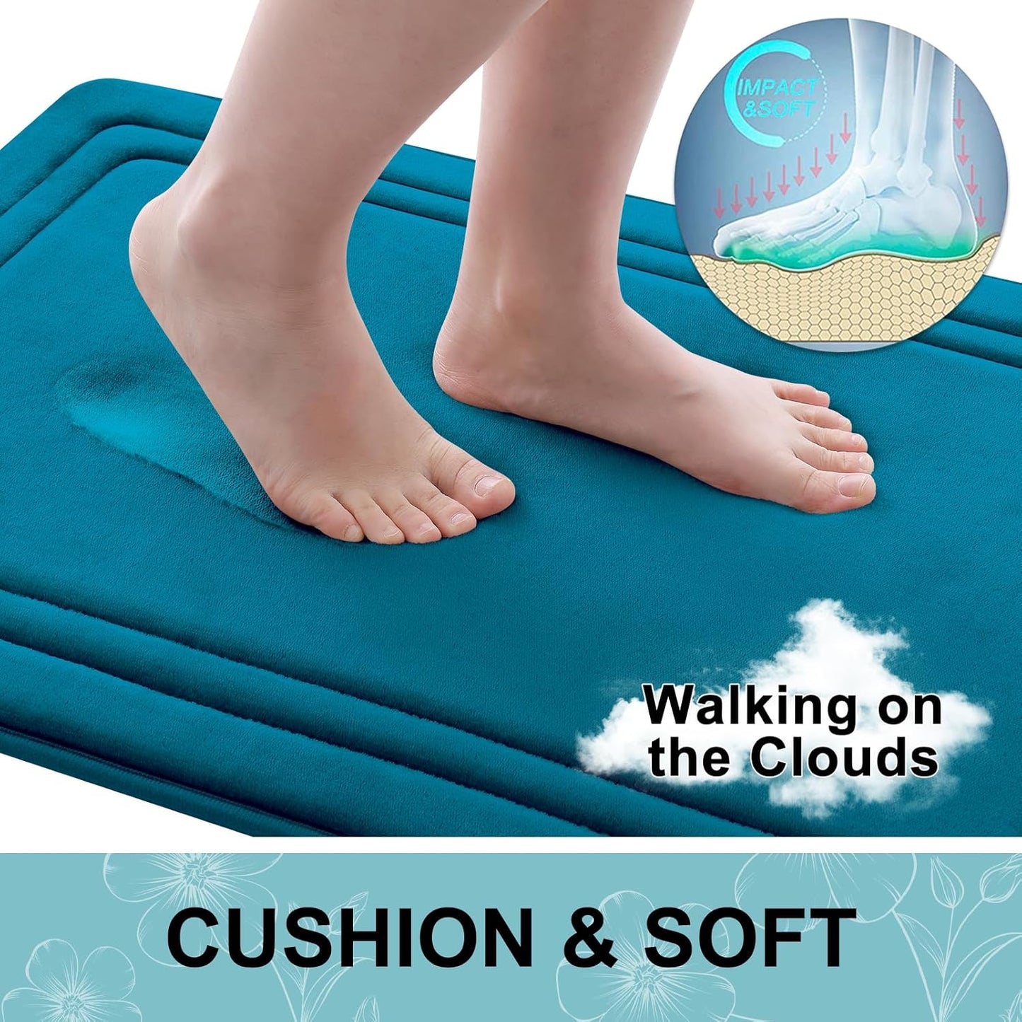 Grandaily Memory Foam Bath Mat Rug 36x24, Ultra Soft, Non-Slip and Absorbent Bathroom Rugs, Machine Wash Dry, Comfortable Bath Carpet for Bathroom Floor, Tub and Shower, Peacock Blue