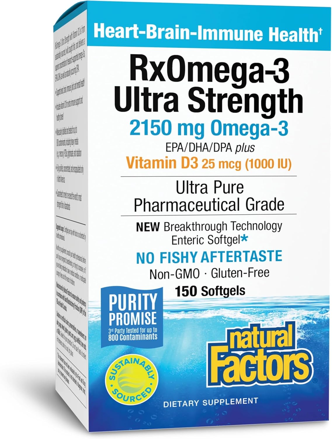 Natural Factors RxOmega-3 Ultra Strength Fish Oil with Vitamin D3, High Potency Formula, 2,150 mg, No Fishy Aftertaste, 150 Softgels