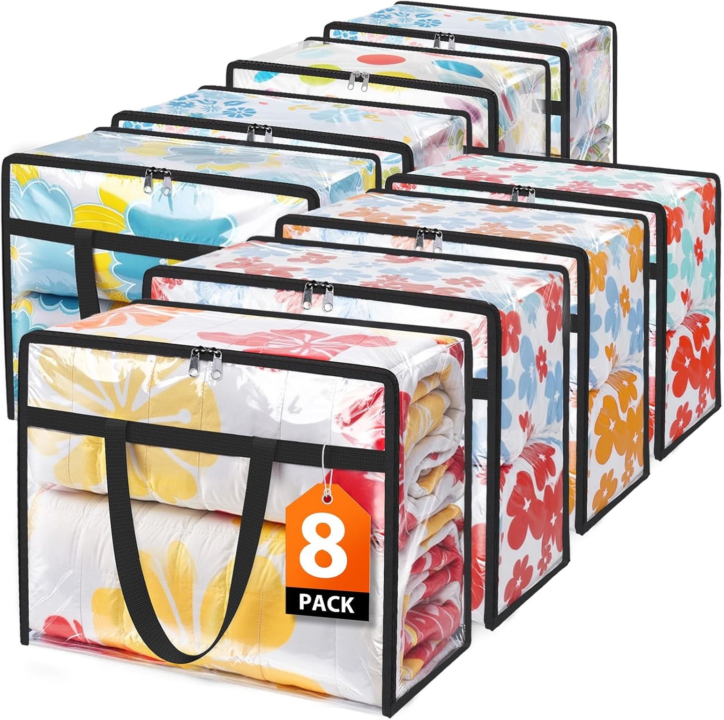 Clear Clothes Storage Bags, 8 Pack Closet Organizers and Under Bed Storage Containers, Foldable Moving Bags with Zippers for Comforter, Blanket, Bedding, Duvet, PVC Packing Bags 90L