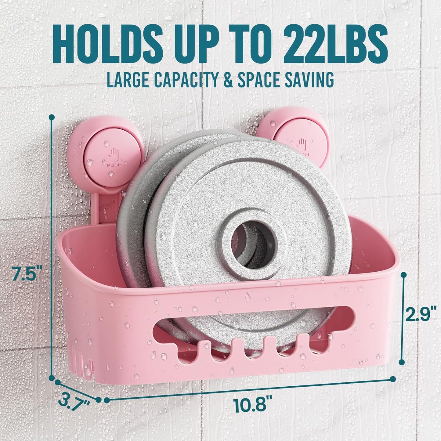 TAILI Shower Caddy Suction Cup 2 Pack, Heavy Duty Bathroom Organizer, Removable Shelves for Inside Shower, Shampoo, Waterproof Suction Plastic Storage for Bathroom Accessories Holder, Pink