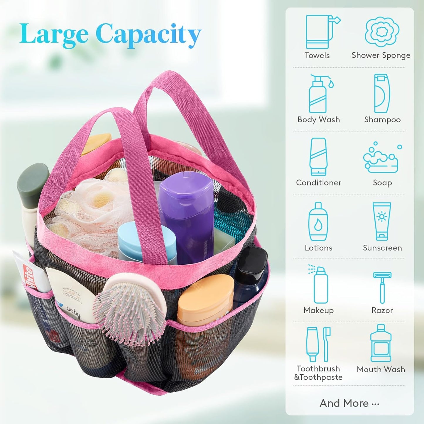 Lifewit Mesh Shower Caddy Freestanding Portable Shower Tote Bag for College Dorm, Bathroom, Gym, Travel, Quick Dry Hanging Shower Organizer with 7 Storage Pockets for Toiletry Essentials, Pink