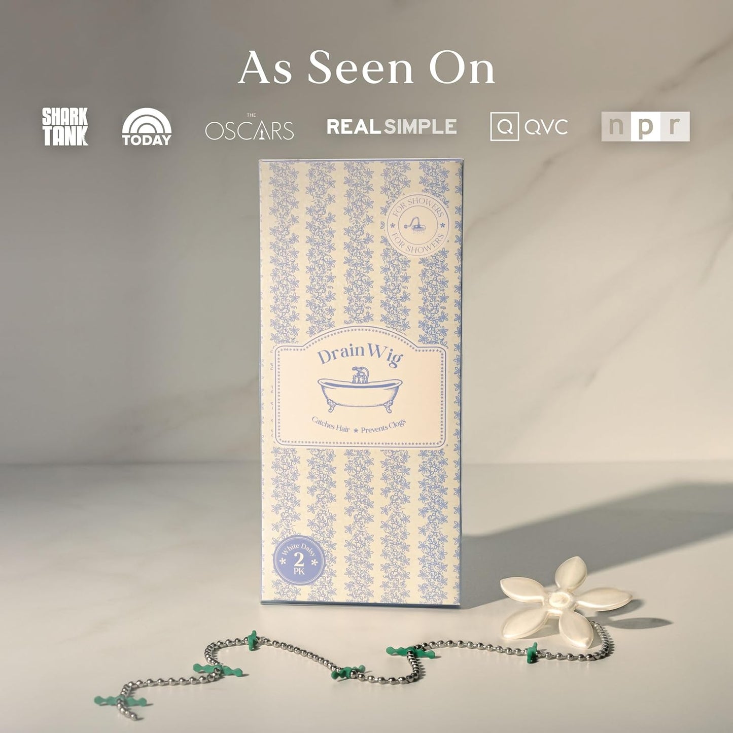 DrainWig Shower Drain Hair Catcher – Disposable White Flower (2-Pack) – No-Touch Hair Removal for Flat Shower Drains – As Seen on Shark Tank