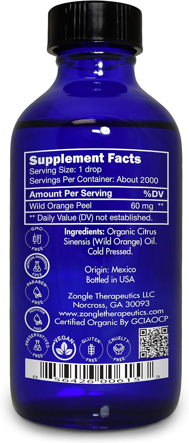Organic, Orange Essential Oil, Food Grade, for Baking, Skin – 100% Pure, Wild, Orange Oil, Safe for Ingestion, by Zongle Therapeutics, 4 OZ
