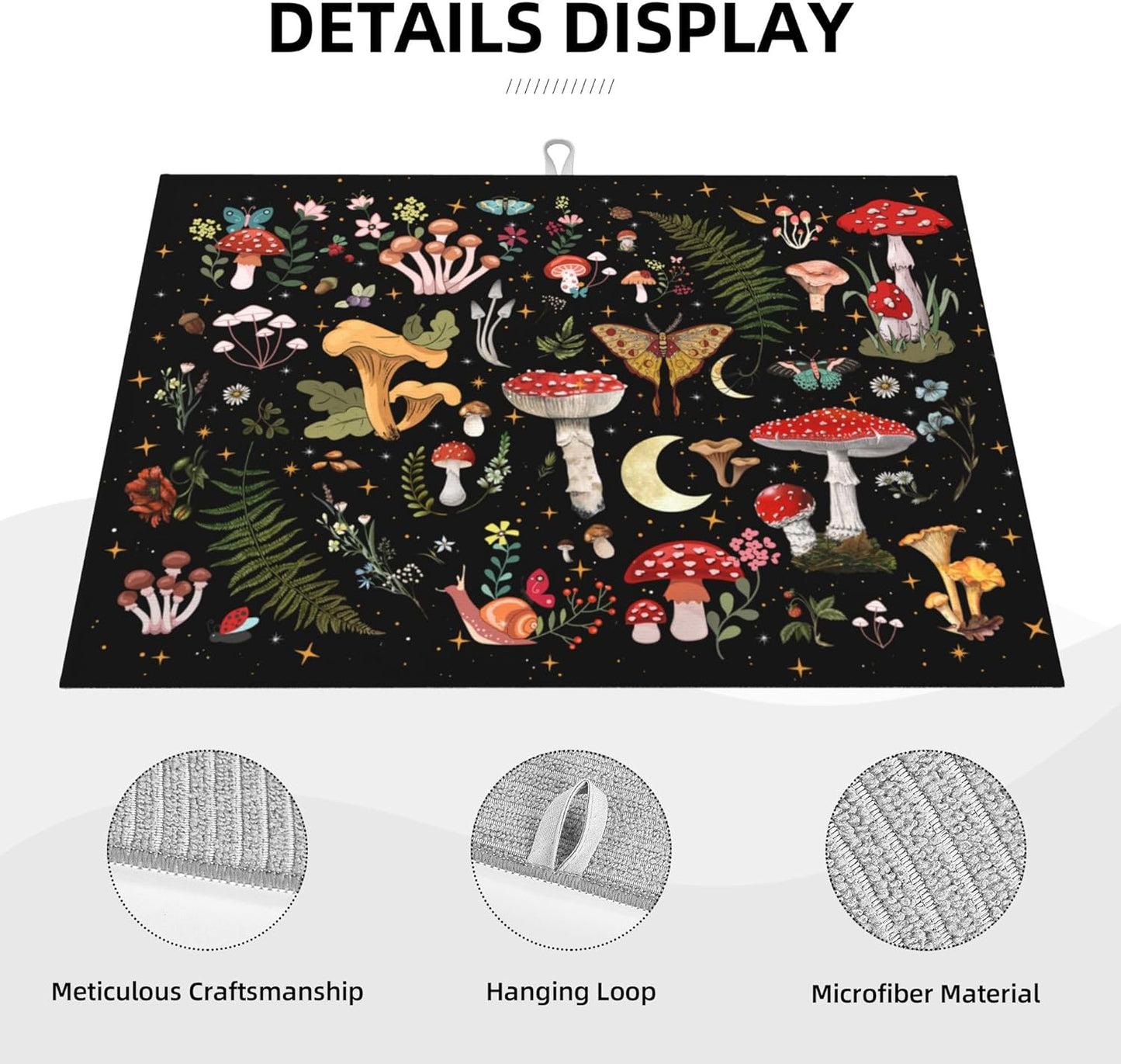 Mushroom Dish Drying Mat for Kitchen Counter 18"x24" Moth Gothic Witchy Dishes Pad Dish Drainer Rack Mats Microfiber Washable Absorbent Kitchen Decor, Black