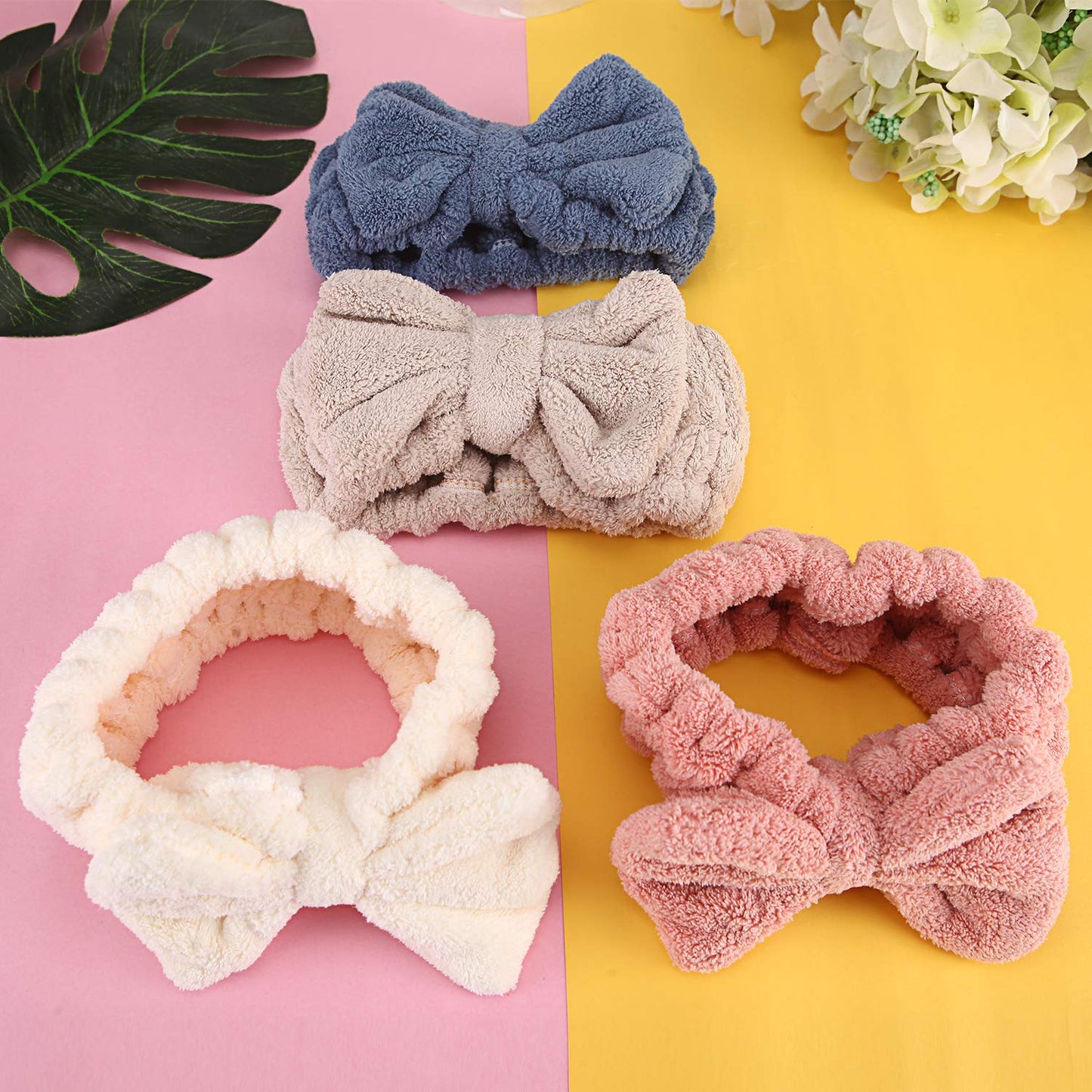4 Pack Makeup Spa Headband Microfiber Bow Towel Soft Fluffy Washing Face Headband for Women Girls Shower Bath Skincare (White, Blue, Pink, Brown)