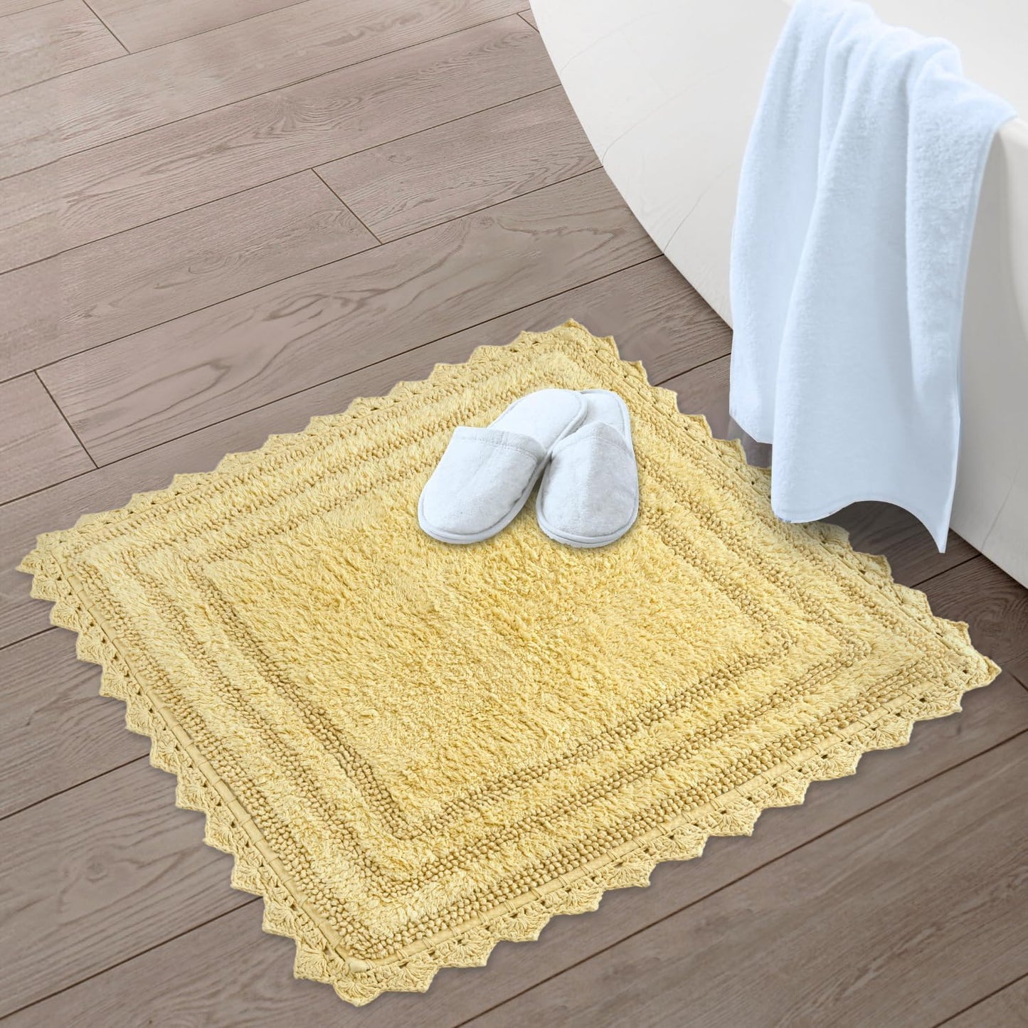 RAJRANG Pale Banana Crochet Cotton Bath Rug - 24 Inches Soft Absorbent Square Bath Mat for Bathroom Farmhouse Hotel Restaurant