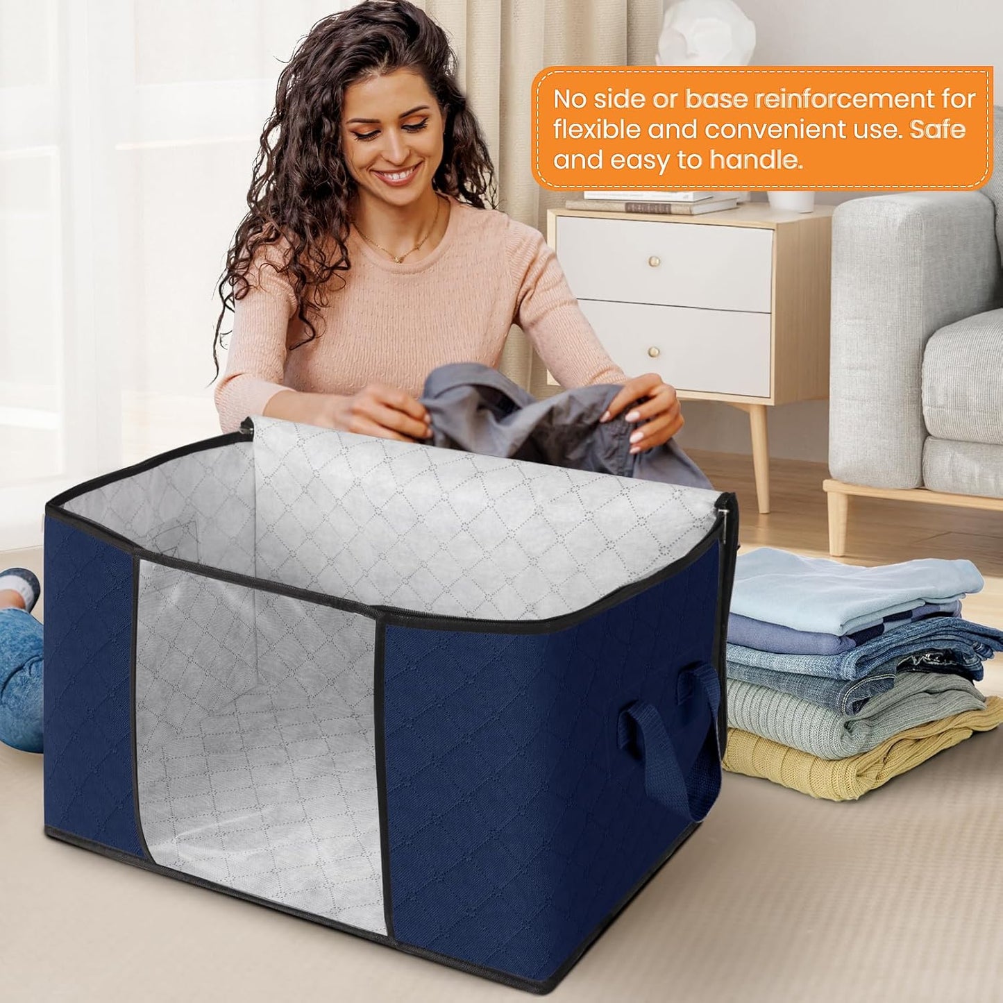 Fab totes 24 Gallons Clothes Storage, Foldable Thick Fabric Blanket Storage Bags, Containers for Organizing Bedroom, Closet, Clothing, Comforter, Organization with Handle (8 Pack,Blue)