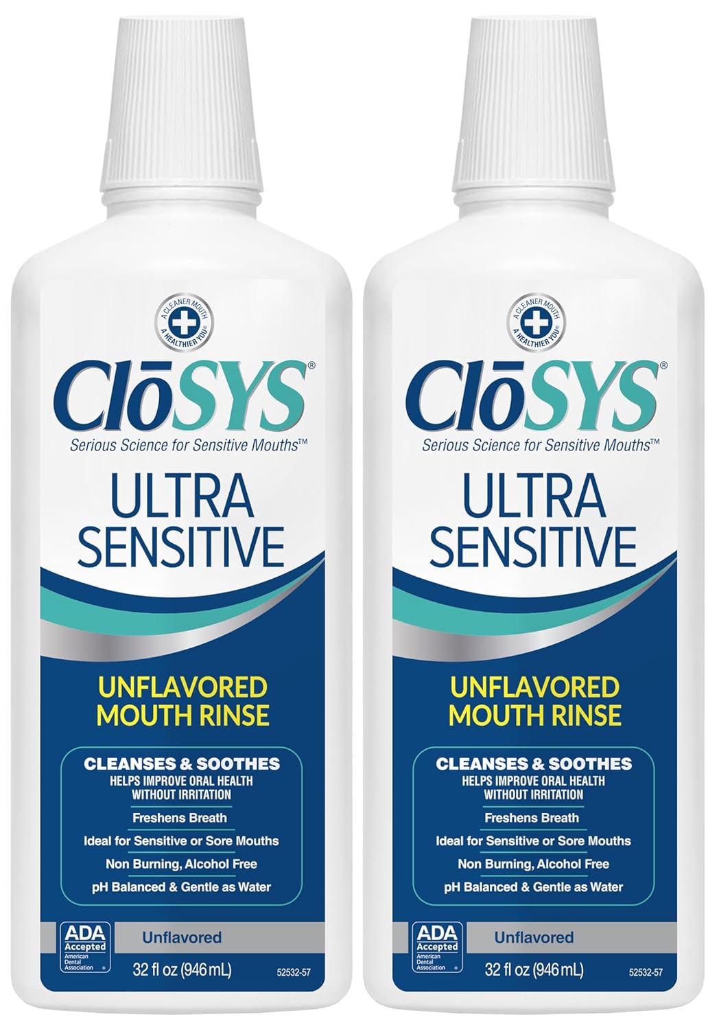 CloSYS Ultra Sensitive Mouthwash, Unflavored Alcohol Free, Dye Free, pH Balanced, Helps Soothe Entire Mouth – 32 Oz (Pack of 2)