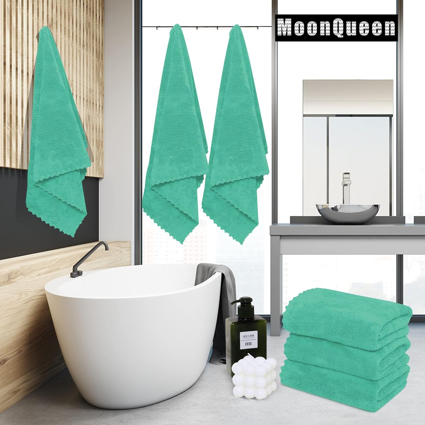MOONQUEEN 6 Pack Premium Bath Towel Set - Quick Drying - Microfiber Coral Velvet Highly Absorbent Towels - Multipurpose Use as Bath Fitness, Bathroom, Shower, Sports, Yoga Towel (Aqua Green)