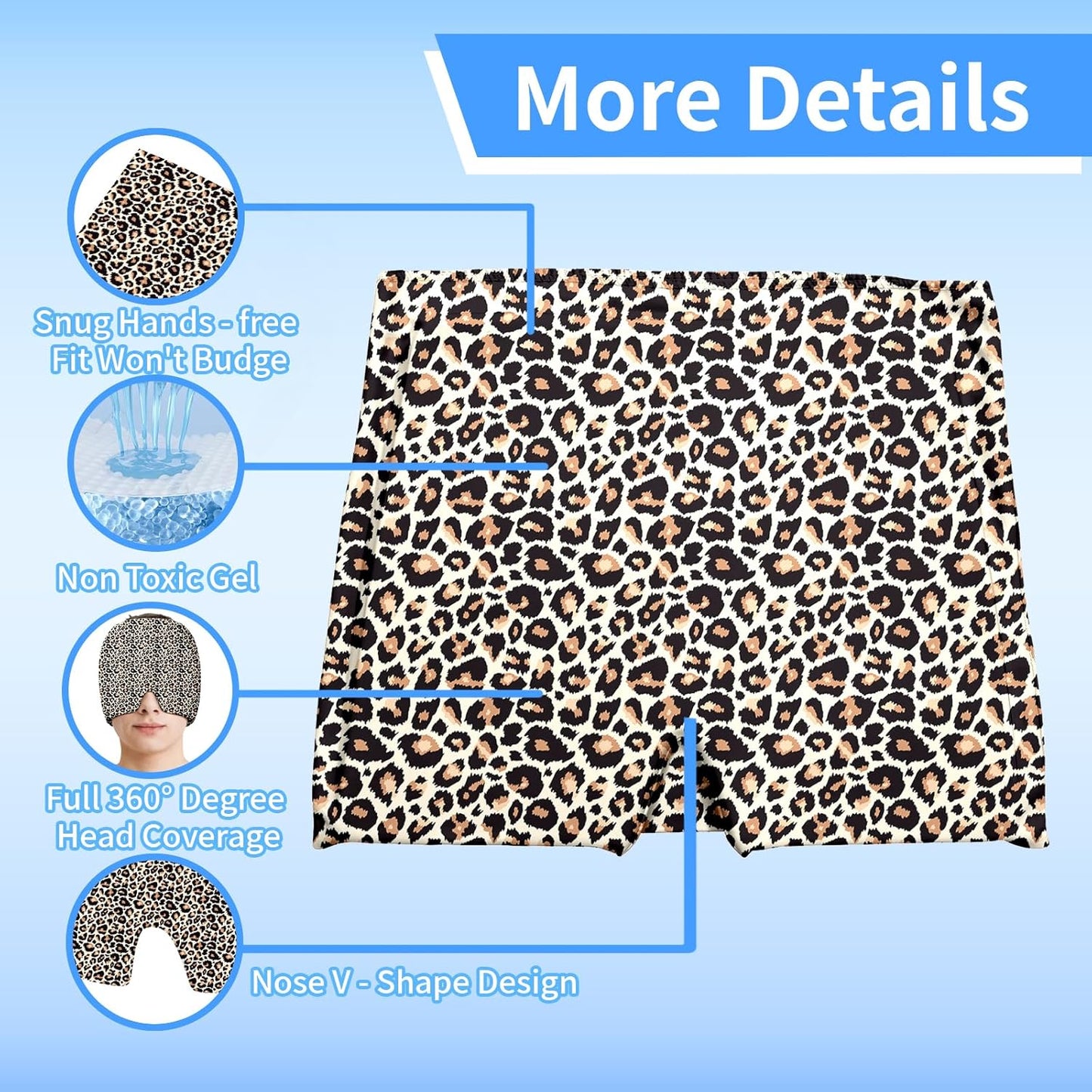 Migraine Relief Cap,Headache Relieve Cap,Leopard Print Reusable Gel Ice Head Wrap Cap for Tension,Stress,Hangover & Puffy Eyes.