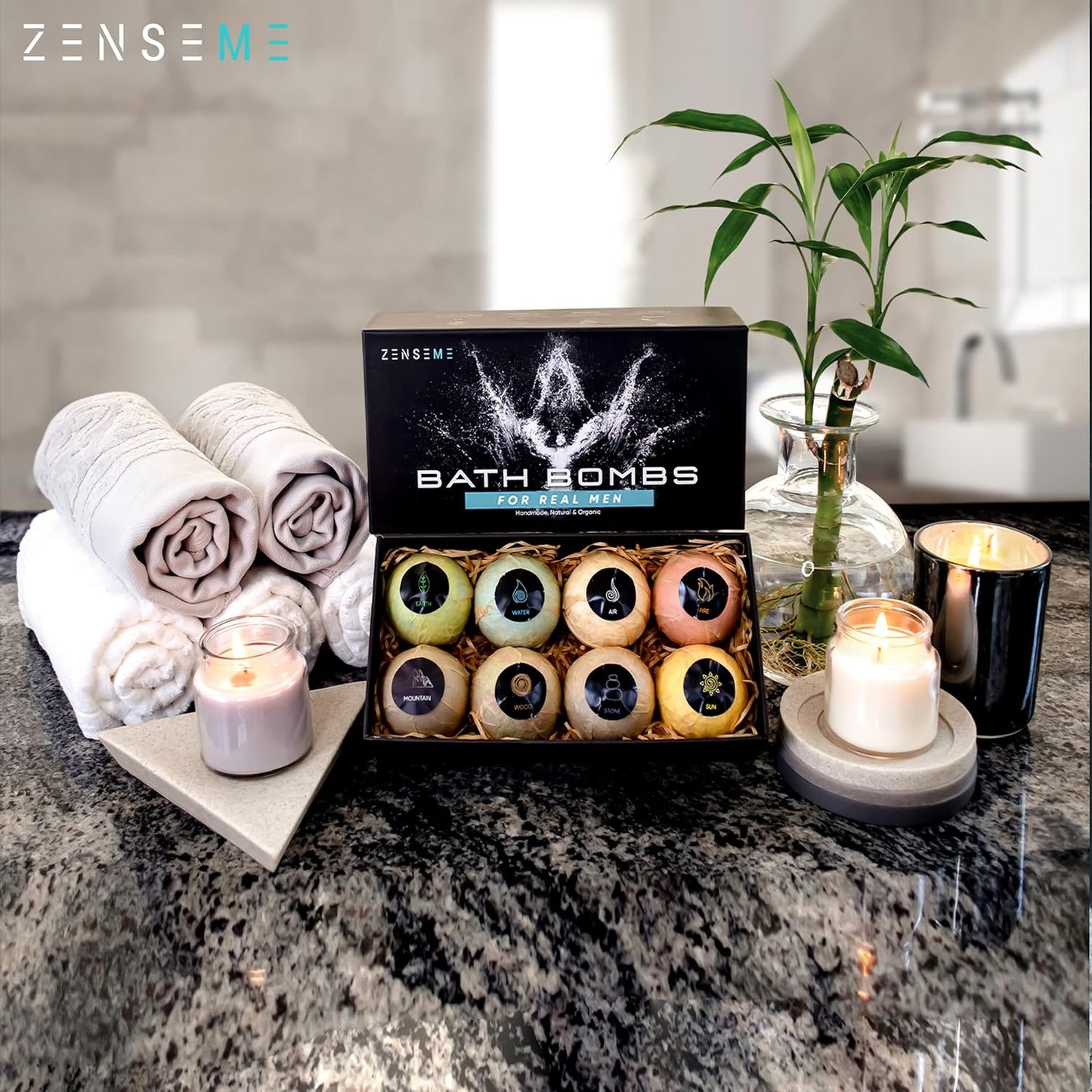 Bath Bombs for Men, Gift Set of 8 Scented Organic Handmade Bath Bombs of 2.5 oz with Natural Essential Oils for Boyfriend, Husband, Father or Friend, by ZenseMe