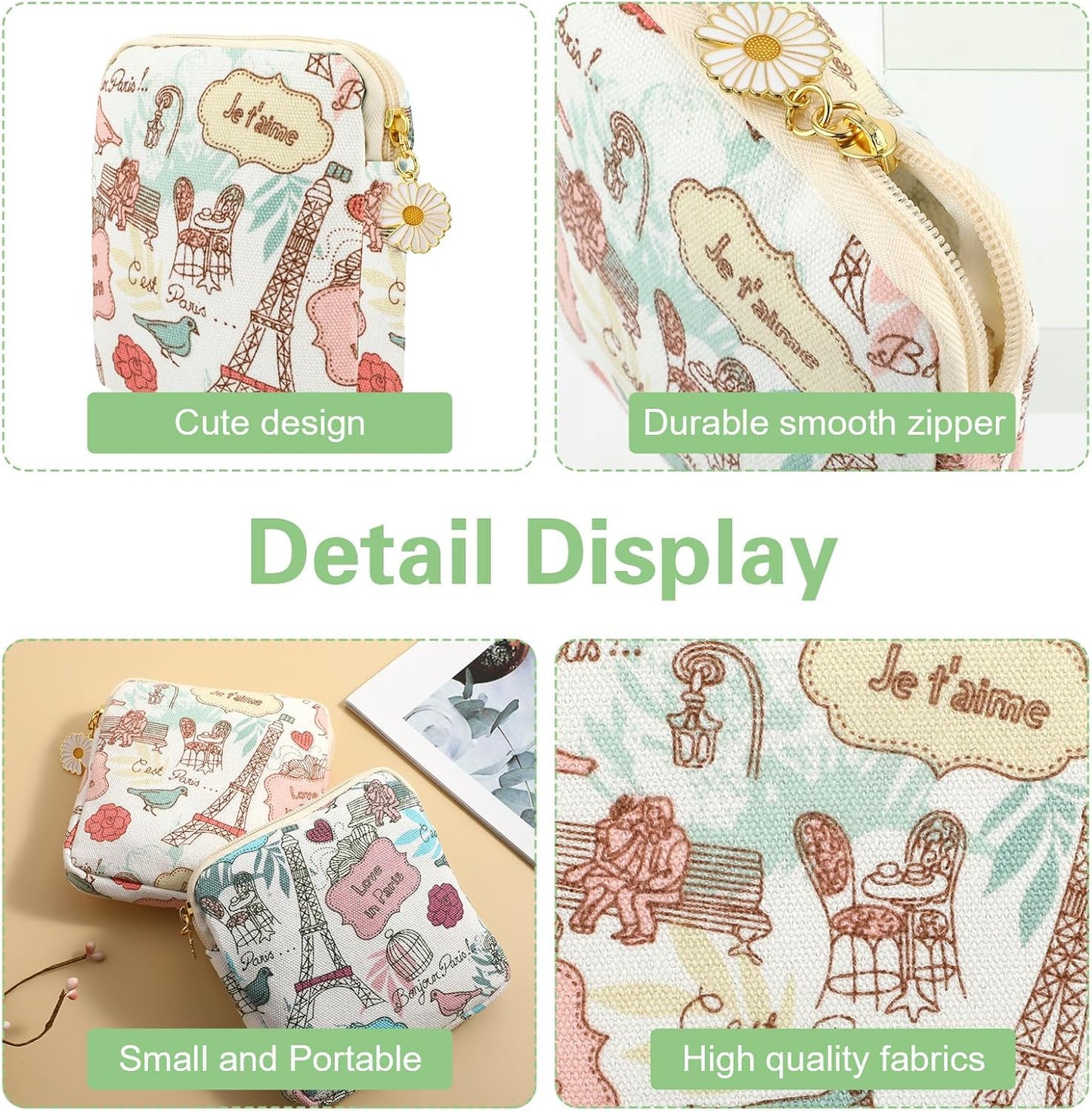 cobee 2PCS Sanitary Pad Storage Bag, Cute Sanitary Napkin Storage Purses Portable Period Bag with Daisy Zipper Panty Liner Tampon Menstrual Cup Nursing Pad Holder Pouch for Girls Women Travel(Tower)