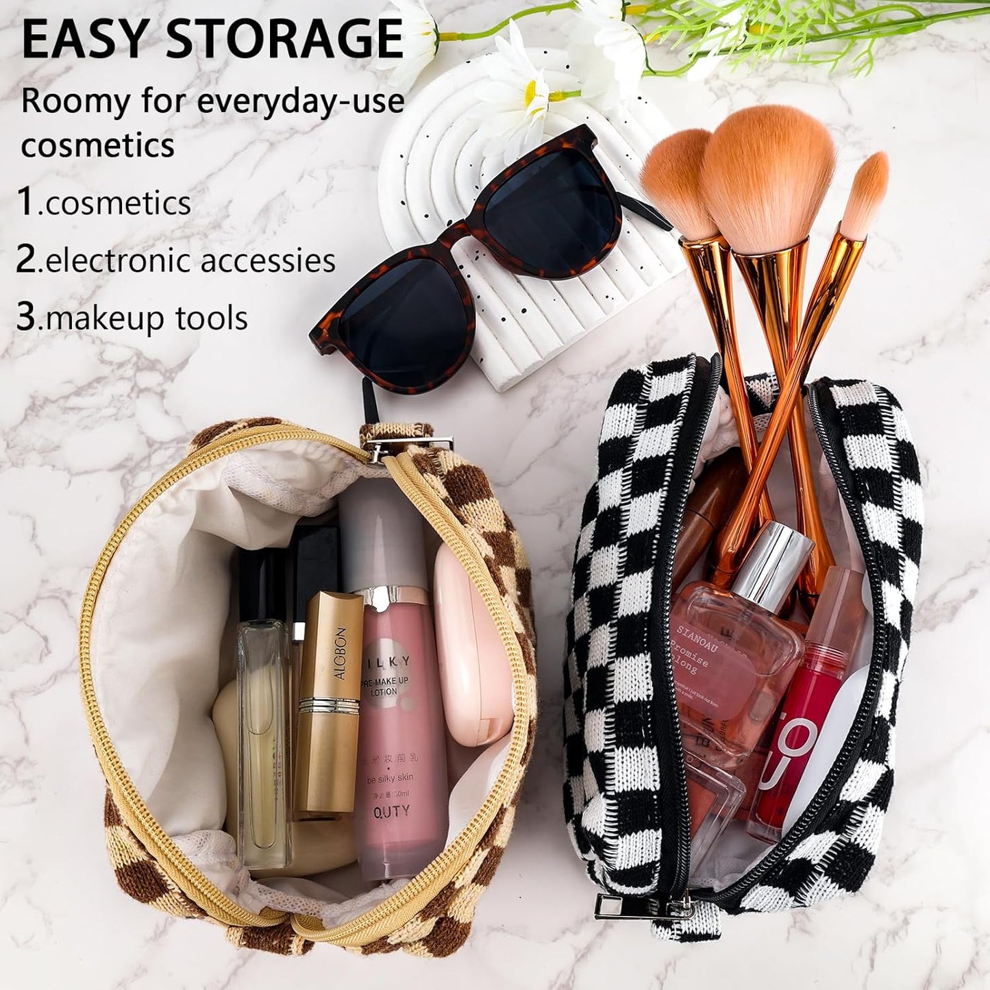 ZLFSRQ 2Pcs Checkered Pencil Case Cute Pencil Pouch for Teens Checkered Makeup Bag Medium Travel Cosmetic Bag Preppy Makeup Pouch for Purse Aesthetic Zipper Toiletry Bags Organizer(Black/Brown)