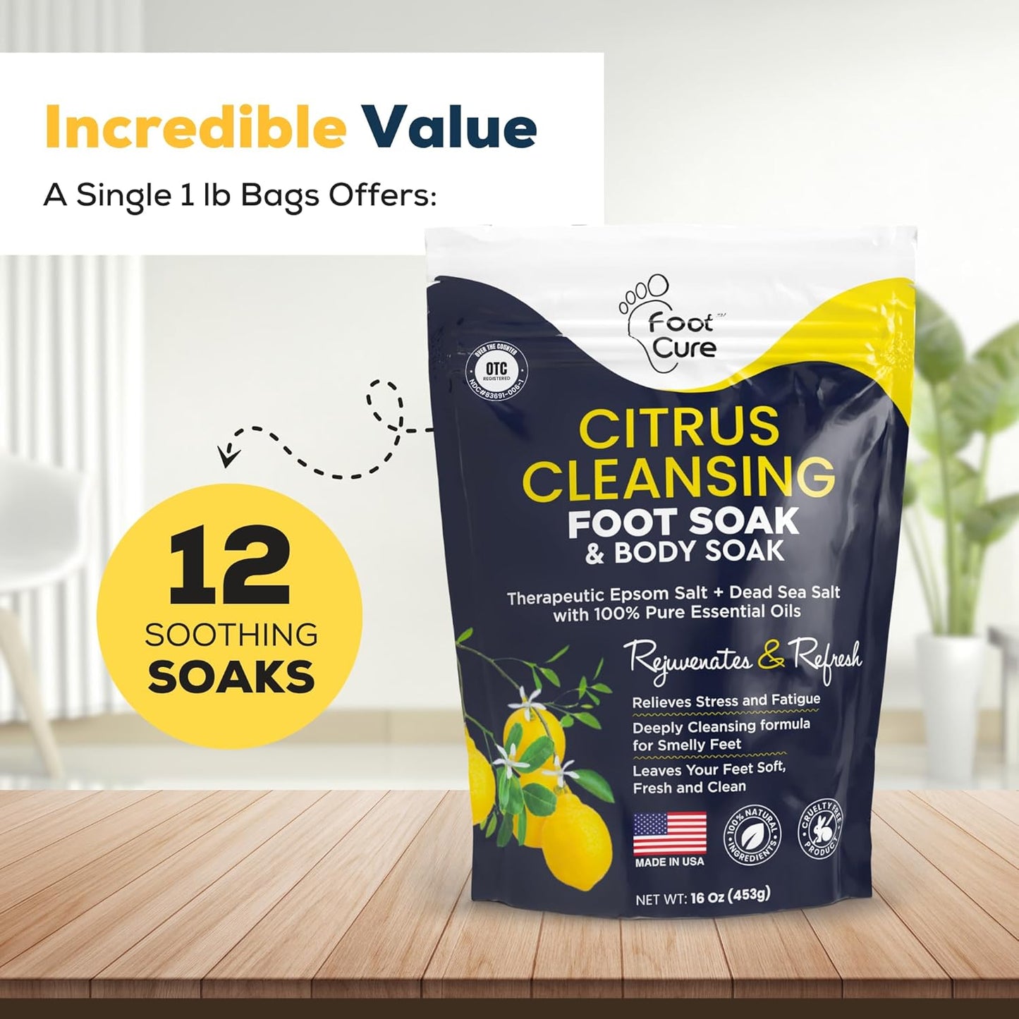 FOOT CURE Citrus Detox Foot Soak with Epsom Salts – for Foot Callus, Damaged Toenail Appearance, Pedicure Spa, and Soothing Sore, Tired Feet - 16 oz (Pack of 1)