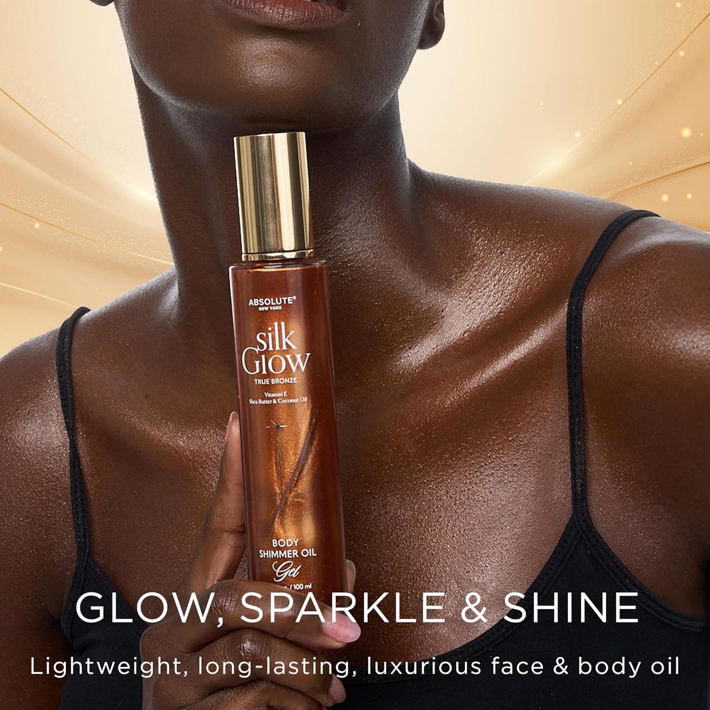 Absolute New York - Silk Glow Shimmer Mist Glow, Radiant, Shimmer Body & Face & Hair, Shea Butter, Coconut Oil, Vitamin E (SBGS05 Champagne Gold Oil Gel, 3.4 fl oz)
