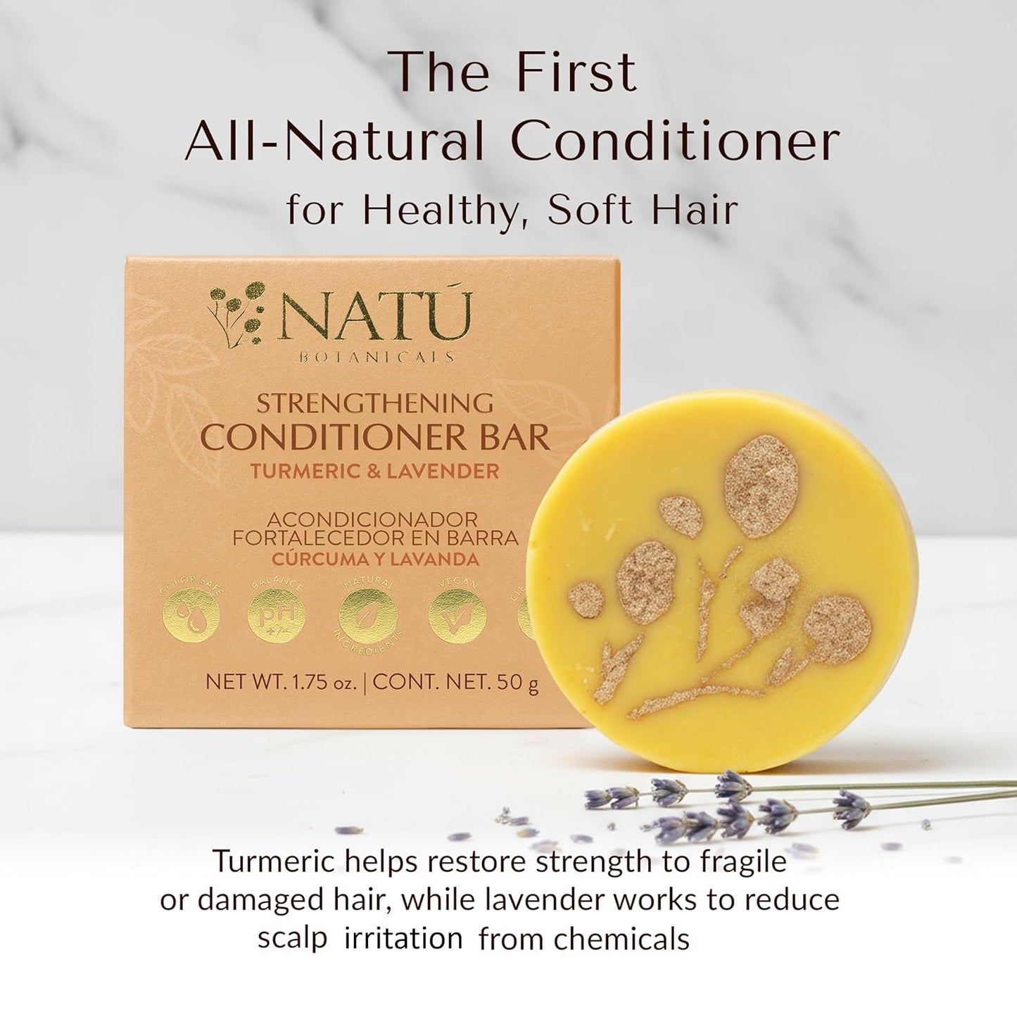 NATÚ BOTANICALS Strengthening Hair Conditioner Bar – Turmeric & Lavender – Moisturizing Conditioner for Dry Hair, Damaged & Frizzy Hair - Deep Conditioning, Scalp Soothing & Hair Strengthening 2.3oz