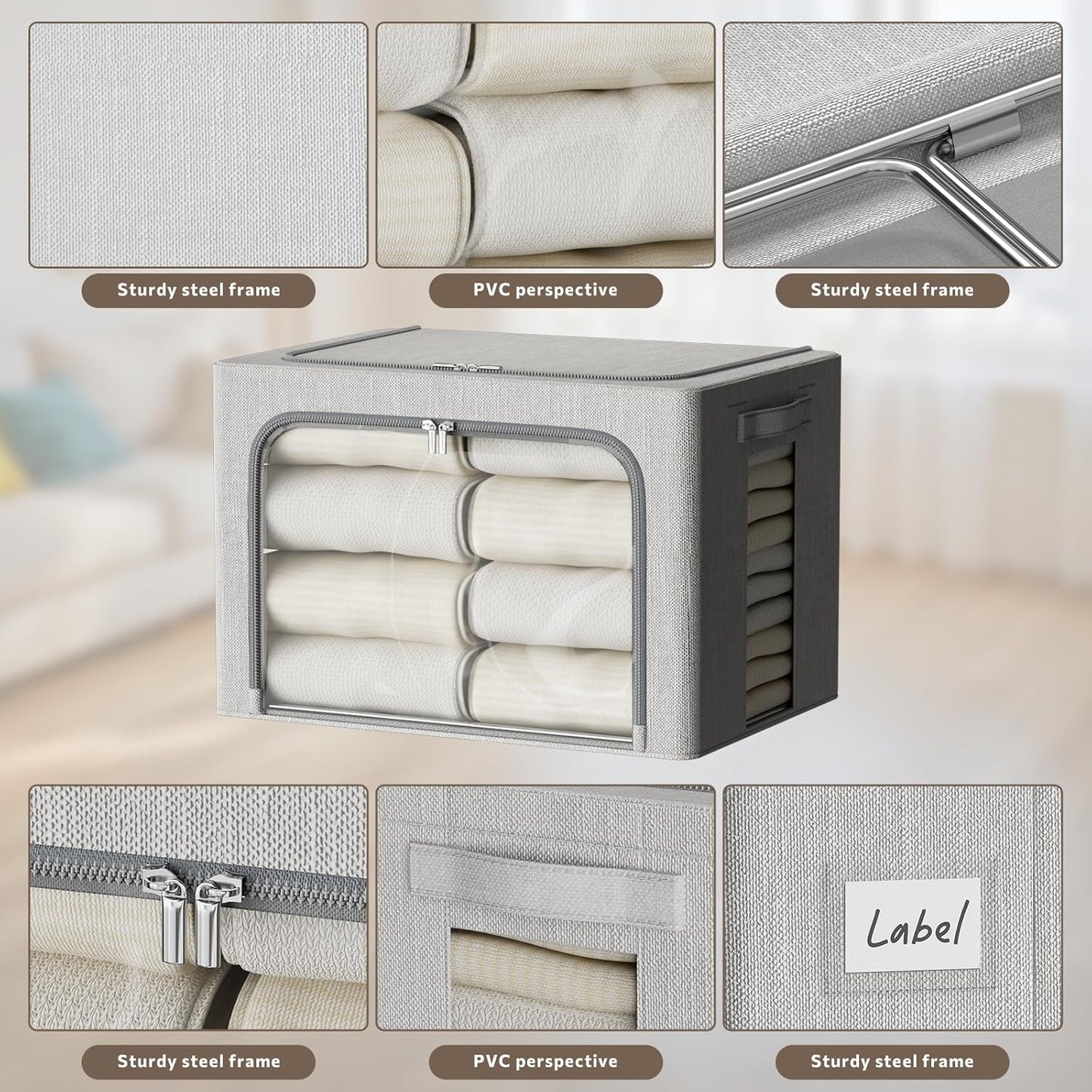 FHSQX 6 Pack Clothes Storage Bins with Metal Frame Foldable Storage Bins for Clothes Linen Fabric Storage Box with Clear Window (Light Grey, 19.7x15.7x13inch(66L))