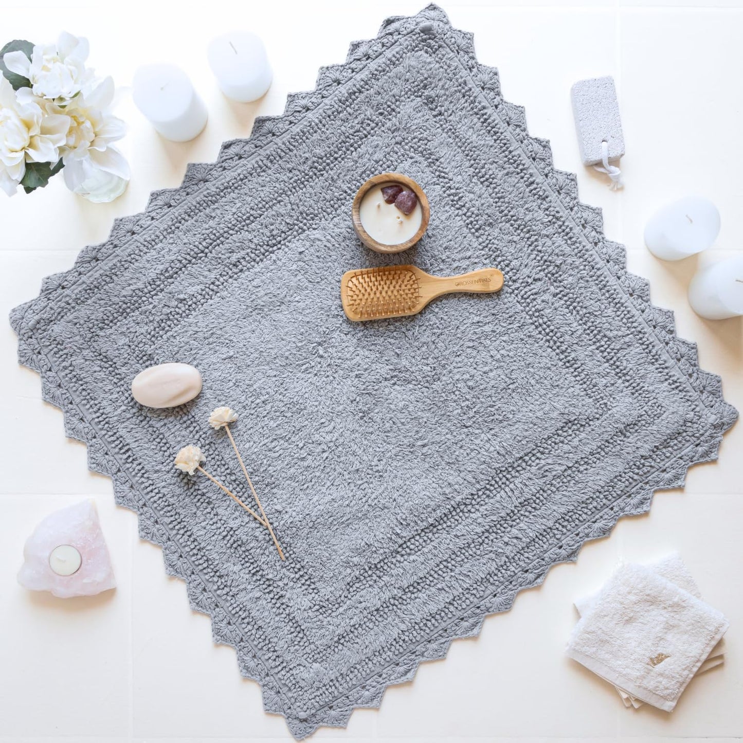 RAJRANG Bathroom Rug for Kitchen and Spa with Crochet Pattern Cotton Absorbent Soft Reversible Bath Mat Light Grey Square 24 Inches