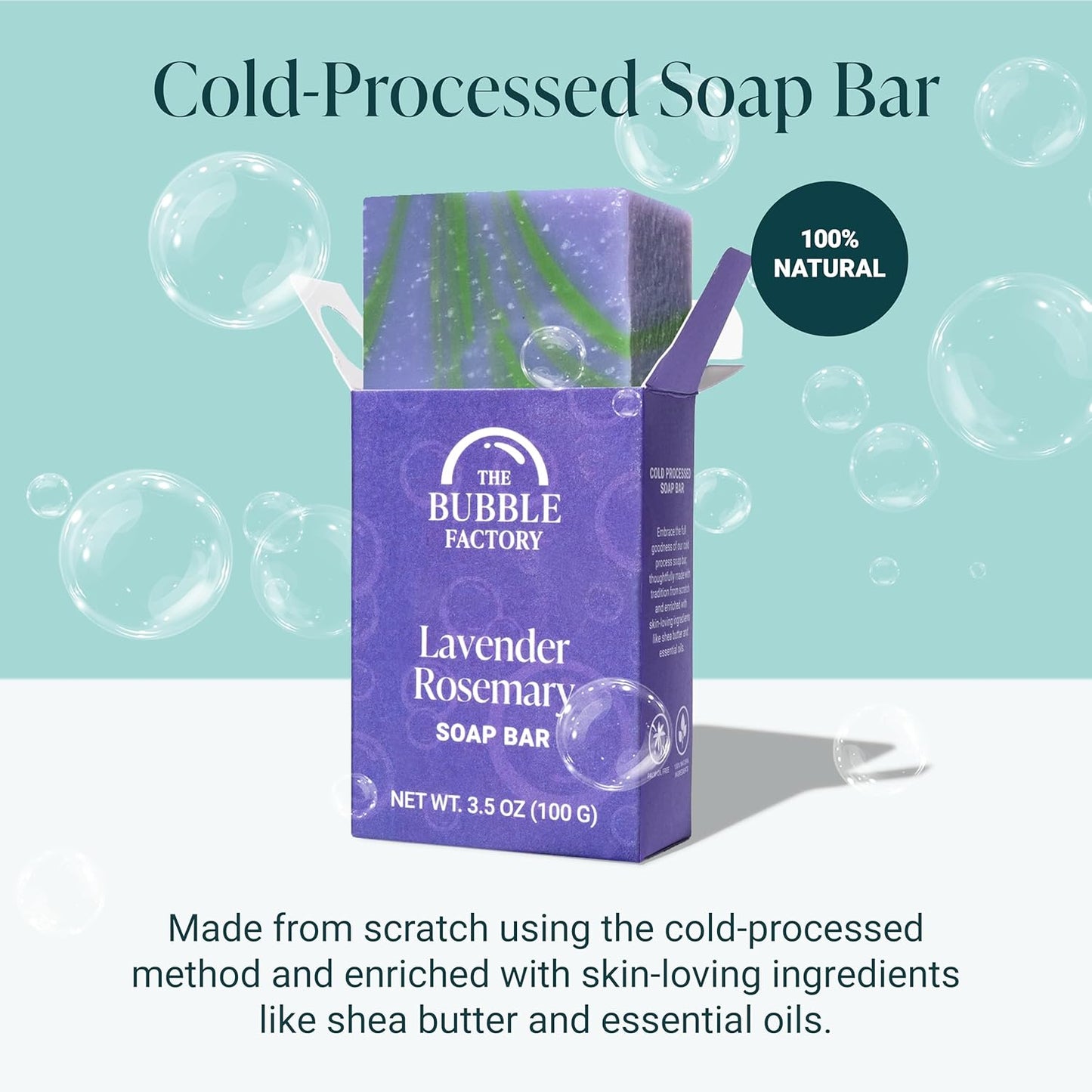 The Bubble Factory Handmade Soap, All Natural Soap for Women & Men, Hand, Bath & Body Natural Bar Soap, Vegan, Palm Oil Free, Made in USA with Shea Butter + Essential Oils, Lavender Rosemary, Single