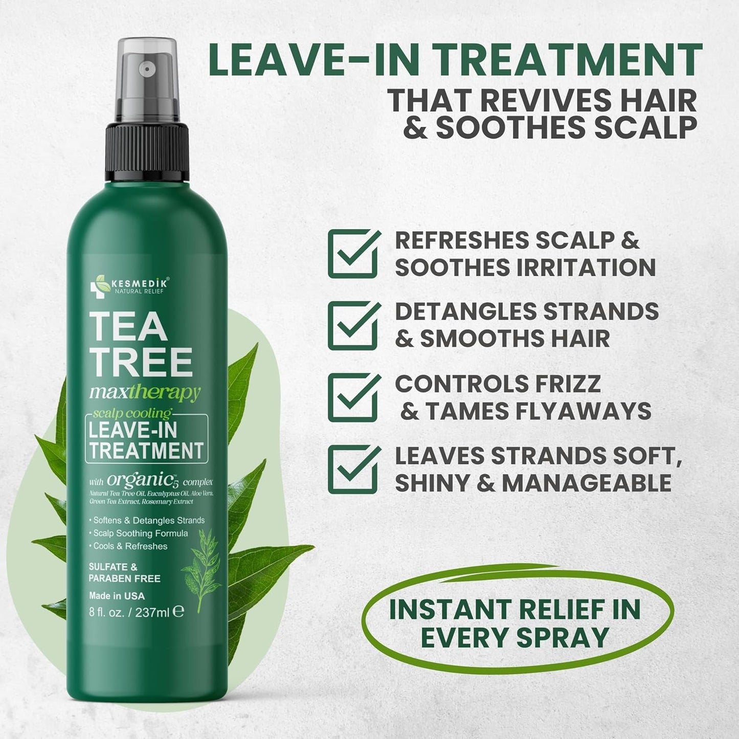 Pure Tea Tree Oil Leave In Conditioner Serum, Detangler Spray, Frizz Control, Dry & Itchy Scalp Treatment, Anti Dandruff, Scalp Psoriasis Relief, Men & Women, Paraben & Sulfate Free
