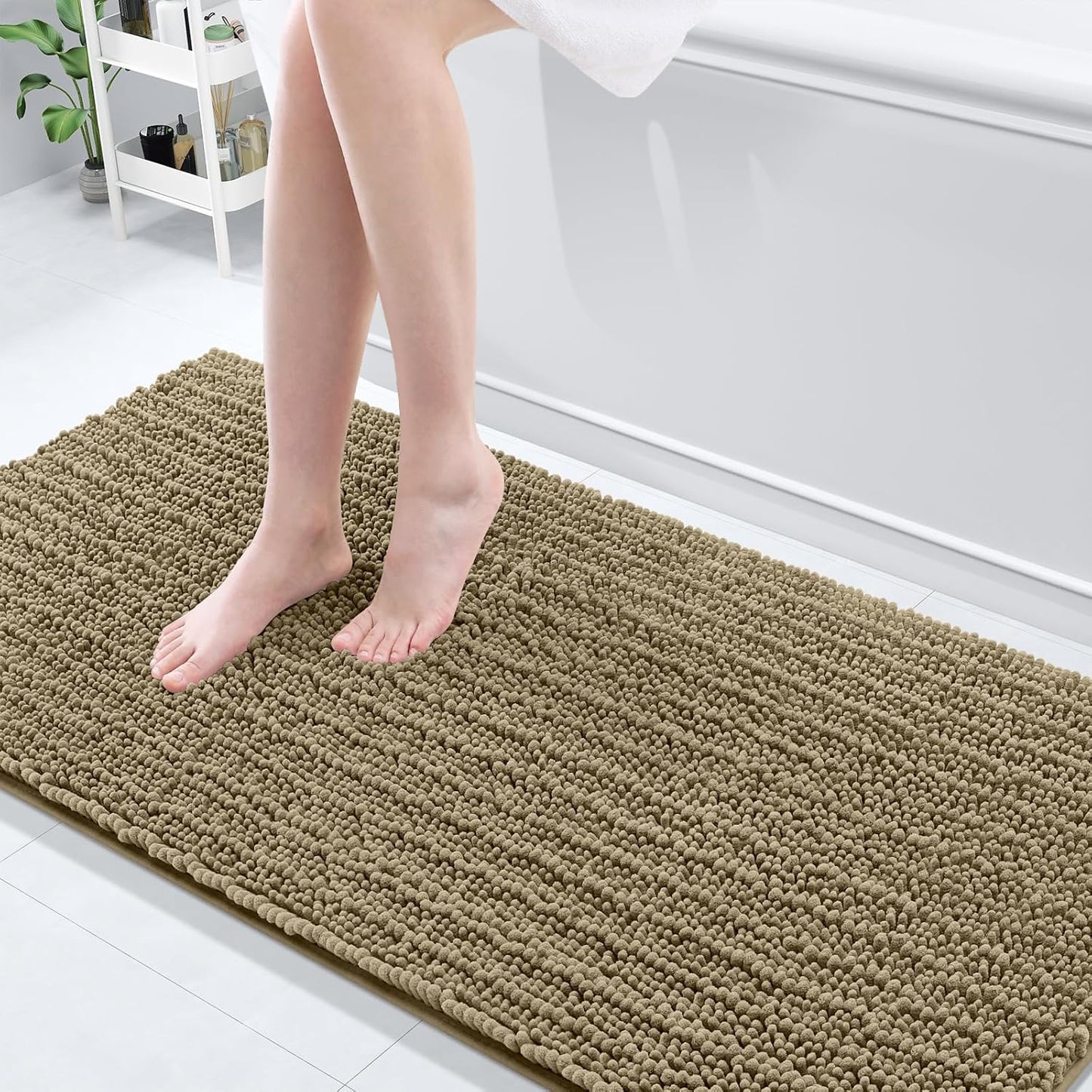Arotive Luxury Chenille Bathroom Rug Mat, Extra Soft Thick Absorbent Shaggy Bath Rugs, Non-Slip Machine Wash Dry, Plush Bath Mats for Bathroom, Shower and Tub, 70x24, Camel