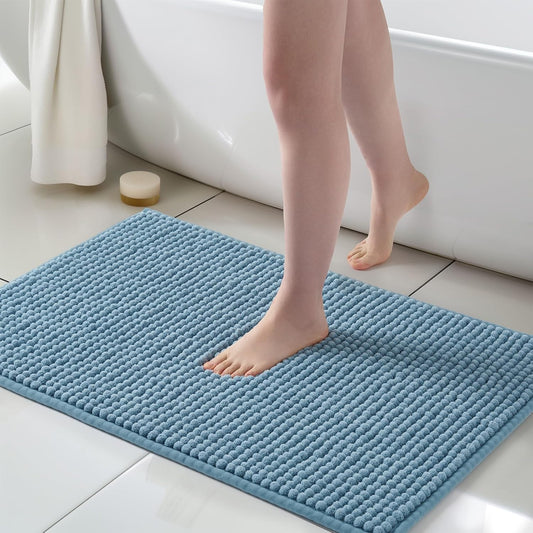 FRESHMINT Thick Chunky Chenille Bathroom Rugs 24"x36", Non Slip Bath Mat for Bathroom Floor, Large Soft Bathroom Decor Accessories, Cute Shower Mat Water Absorbent, Washable, Stone Blue