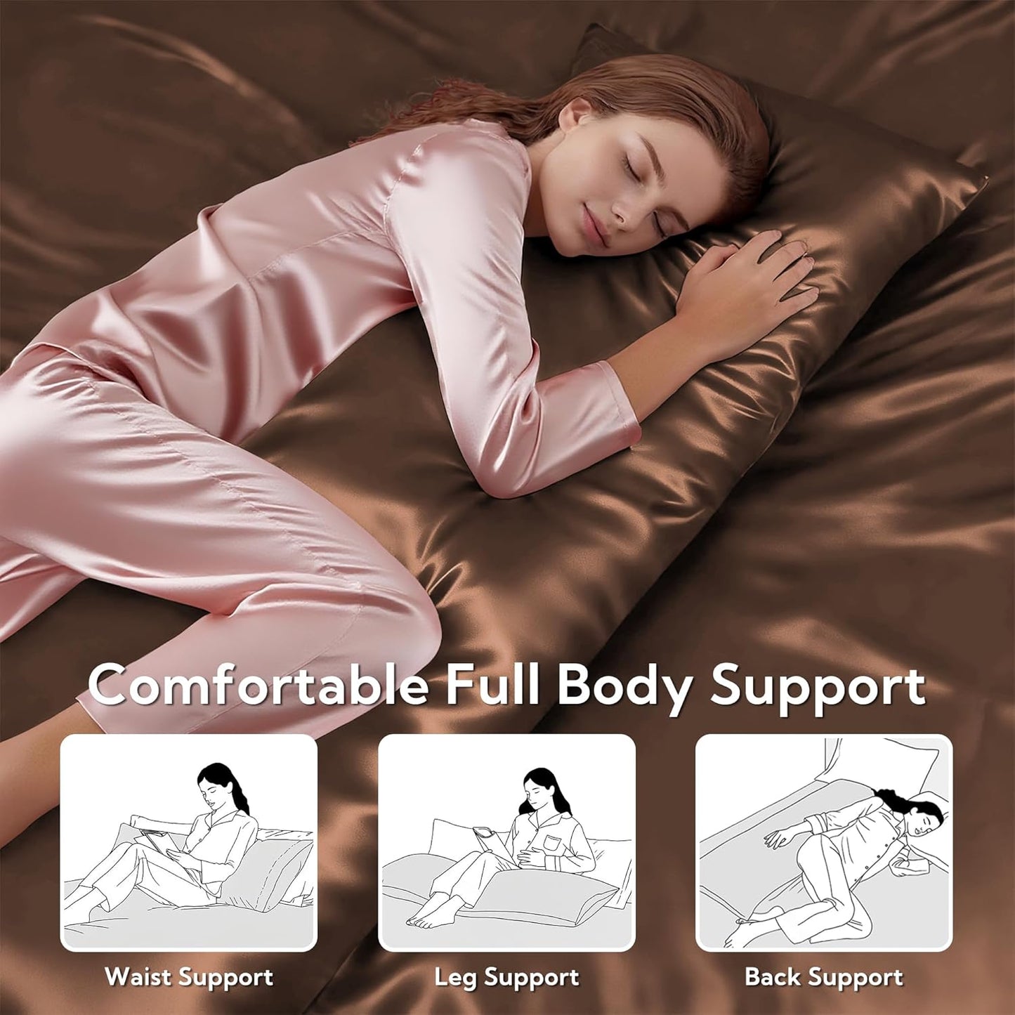 MR&HM Satin Body Pillow Cover, Soft and Breathable Body Pillow Case with Envelope Closure, Cooling and Silky Long Pillowcase for Hair and Skin,Grey (20x54, Brown)