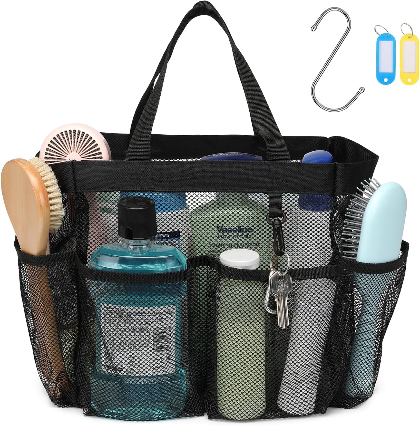 F-color Mesh Shower Caddy Portable with 2 Pack Name Tags, Upgrade Deeper 7 Pockets Shower Bag Tote for College Dorm Room Toiletry Bathroom Essentials Gym Camp Quick Dry 2 handles with S Hook, Black