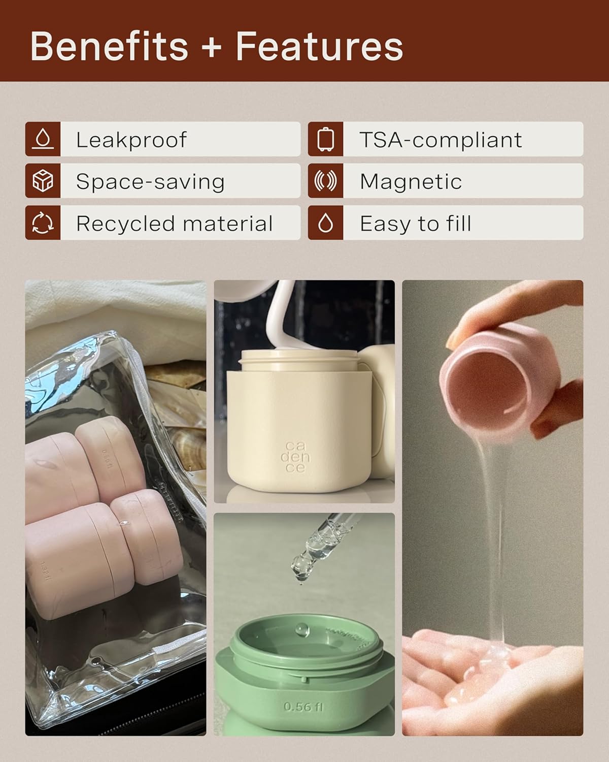 Cadence Travel Containers - Core Skincare Set - Magnetic Containers with Lids,2 Small (0.56oz) & 3 Medium (1.32oz) - Cleanser, Moisturizer, Serum, Makeup Remover & Sun Icon Labels - Sand