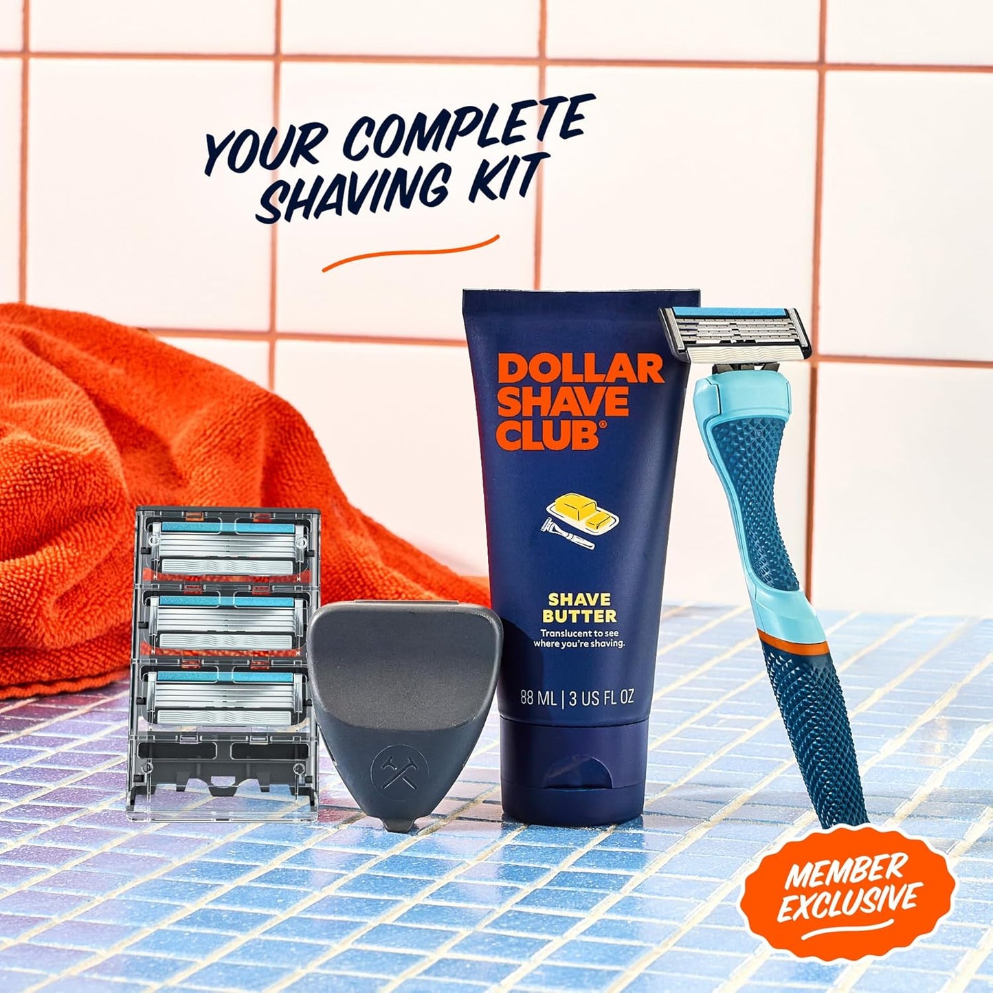 Dollar Shave Club | The Member Exclusive Shave Set | 4 Swift Rinse Refill Cartridges, 1 Handle (Blue), 1 Shave Butter 3 ounce, 1 Razor Cover, Razors for Men