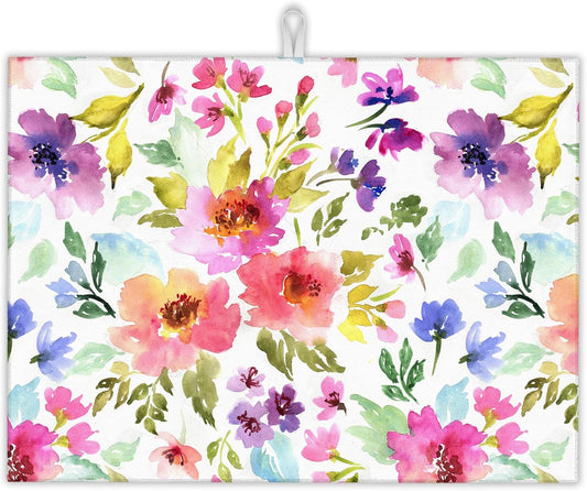 Purple Pink Dish Drying Mats 18x24 Inch,Watercolor Flowers Dish Pad Drying Rack Mat for Kitchen Counter Ultra Absorbent Microfiber Dishware Coffee Maker Bar Countertop Decor