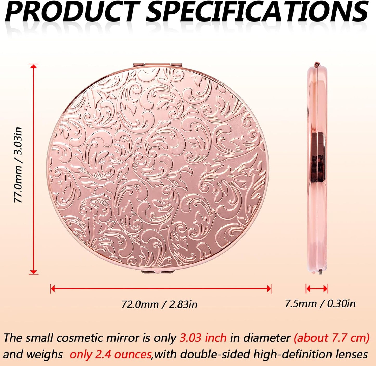 Portable Compact Metal Folding Makeup Mirrors, Beautiful and Elegant,1X/2X Magnifier. (Rose Gold)