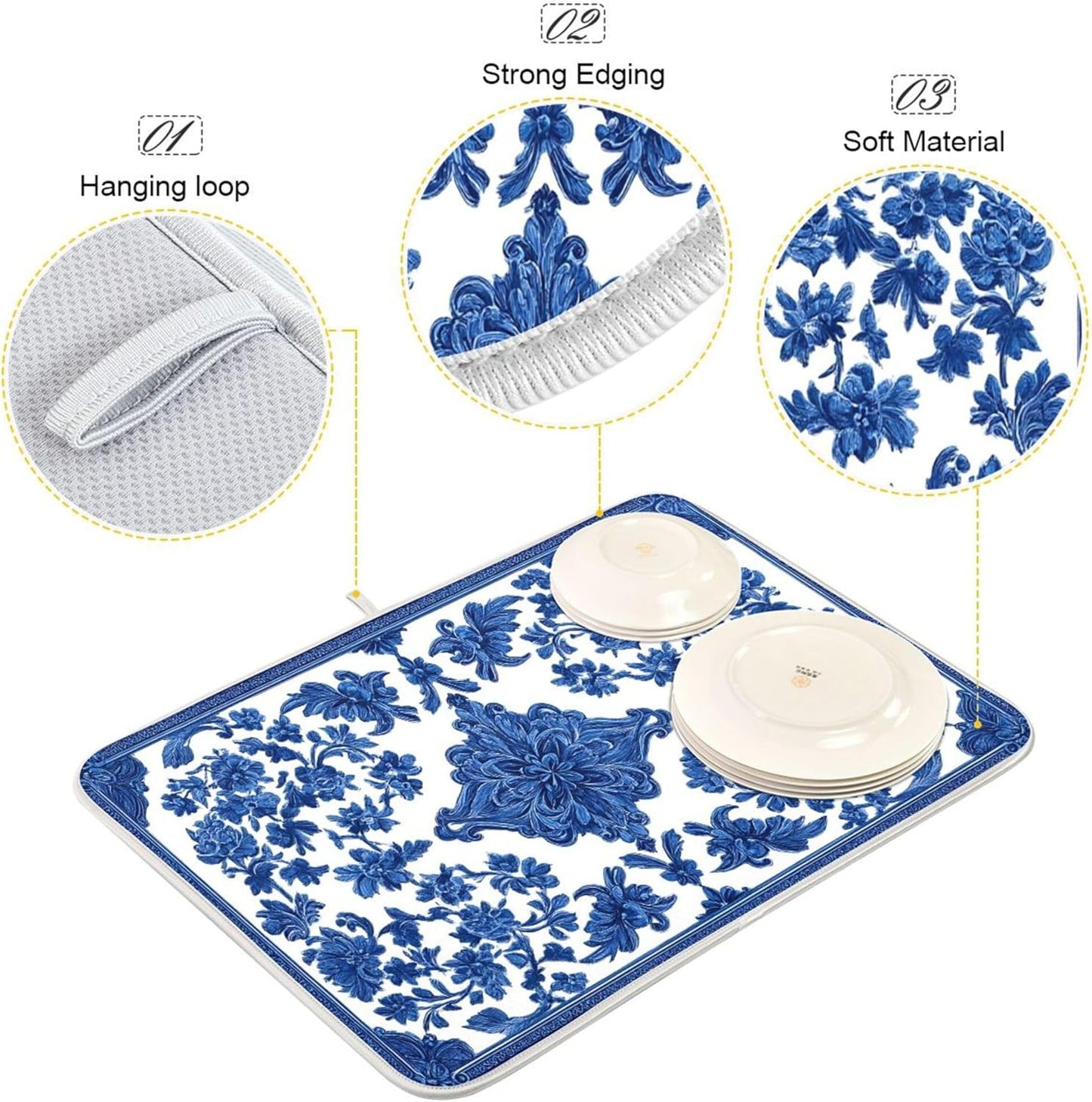 Blue White Porcelain Floral Dish Drying Mat for Kitchen Countertop 18x24 Rectangle Large Drying Mat Reusable Quick Dry Dish Sink Absorbent Mats Dishwasher Easy Clean Decorative Home Decor Essentials