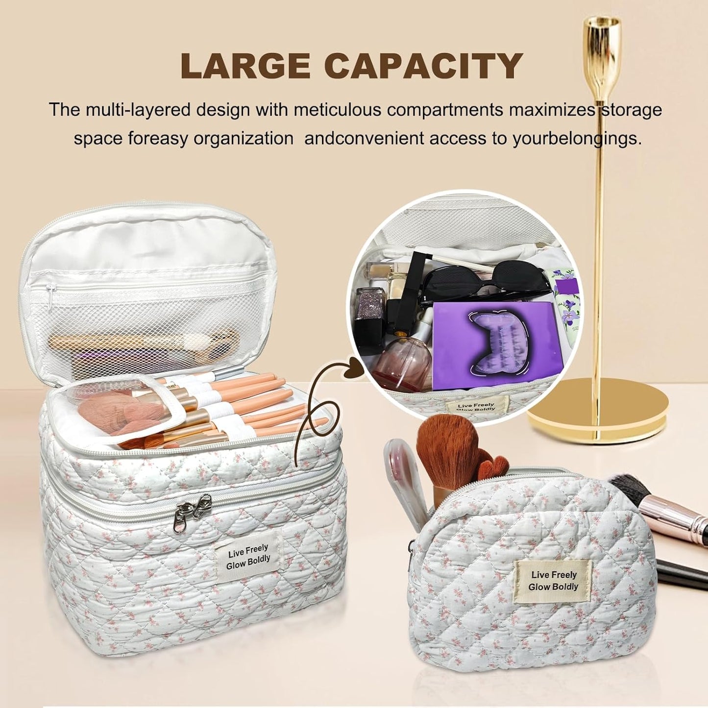 3Pcs Large Travel Quilted Makeup Bag, Double Layer Cute Floral Cotton Toiletry Bag, Aesthetic Flower Cosmetic Bag Coquette Skincare Organizer Bag for Wome (74-PinkFloral)