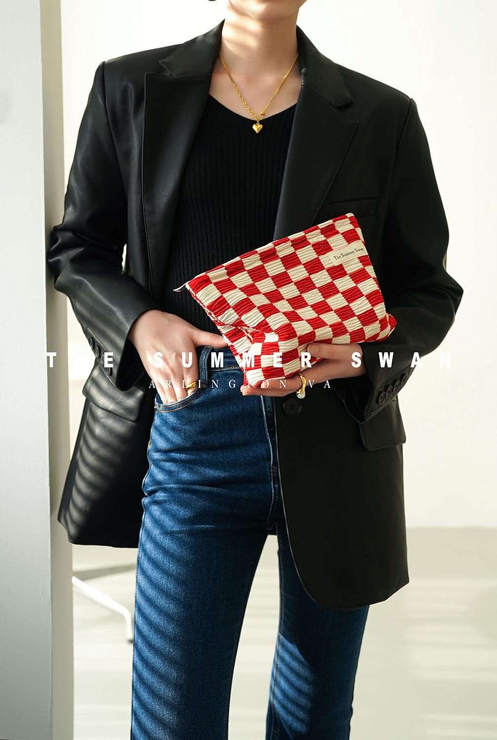 The Summer Swan | Large Aesthetic | Checkered Makeup Bag | Pencil Pouch | Period Kit Bag | Hygiene Bag | Skincare Bag | Cute Makeup Bag (Checkered Red & White)