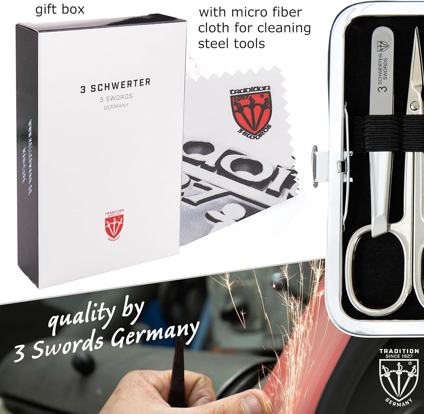 3 Swords Germany - Brand Quality 6 Piece Manicure Pedicure Grooming kit Set - Scissors, Metal and Glass Nail File, Clipper, Tweezers with Synthetic Leather case - Black