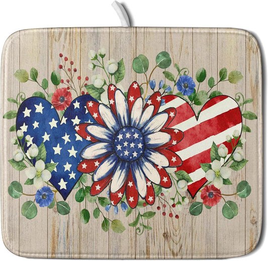 Independence Day Dish Drying Mat 16x18 inch Patriotic Love Heart Fast Dry Microfiber Dishes Drainer Rack Pad Kitchen Counter Accessories
